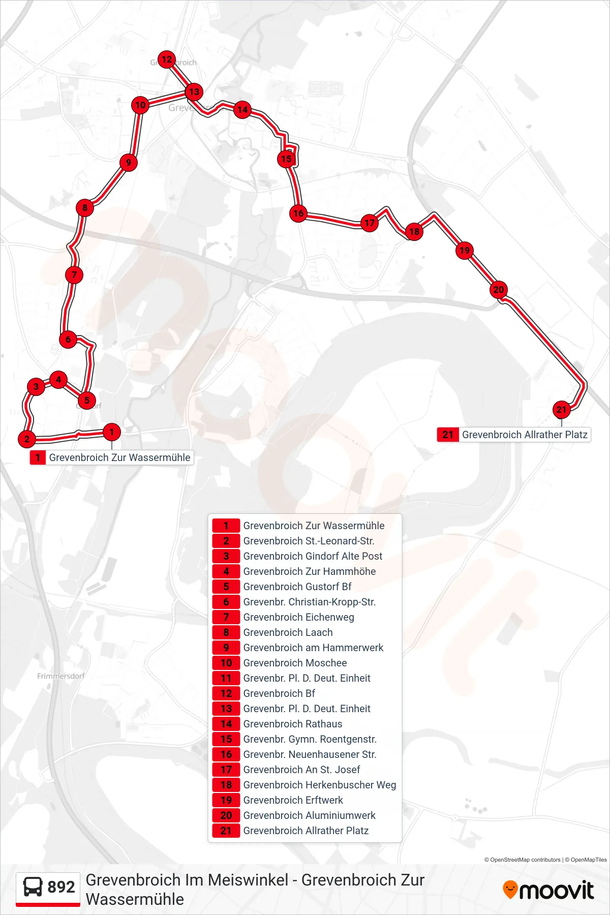 Linie 892 (Bus) Richtung Grevenbroich Allrather Platz: Route und Haltestellen auf der Karte
