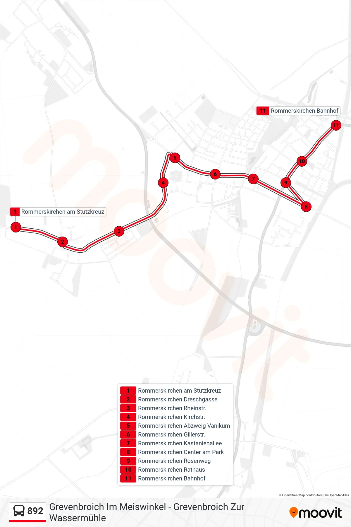 Linie 892 (Bus) Richtung Rommerskirchen Bahnhof: Route und Haltestellen auf der Karte
