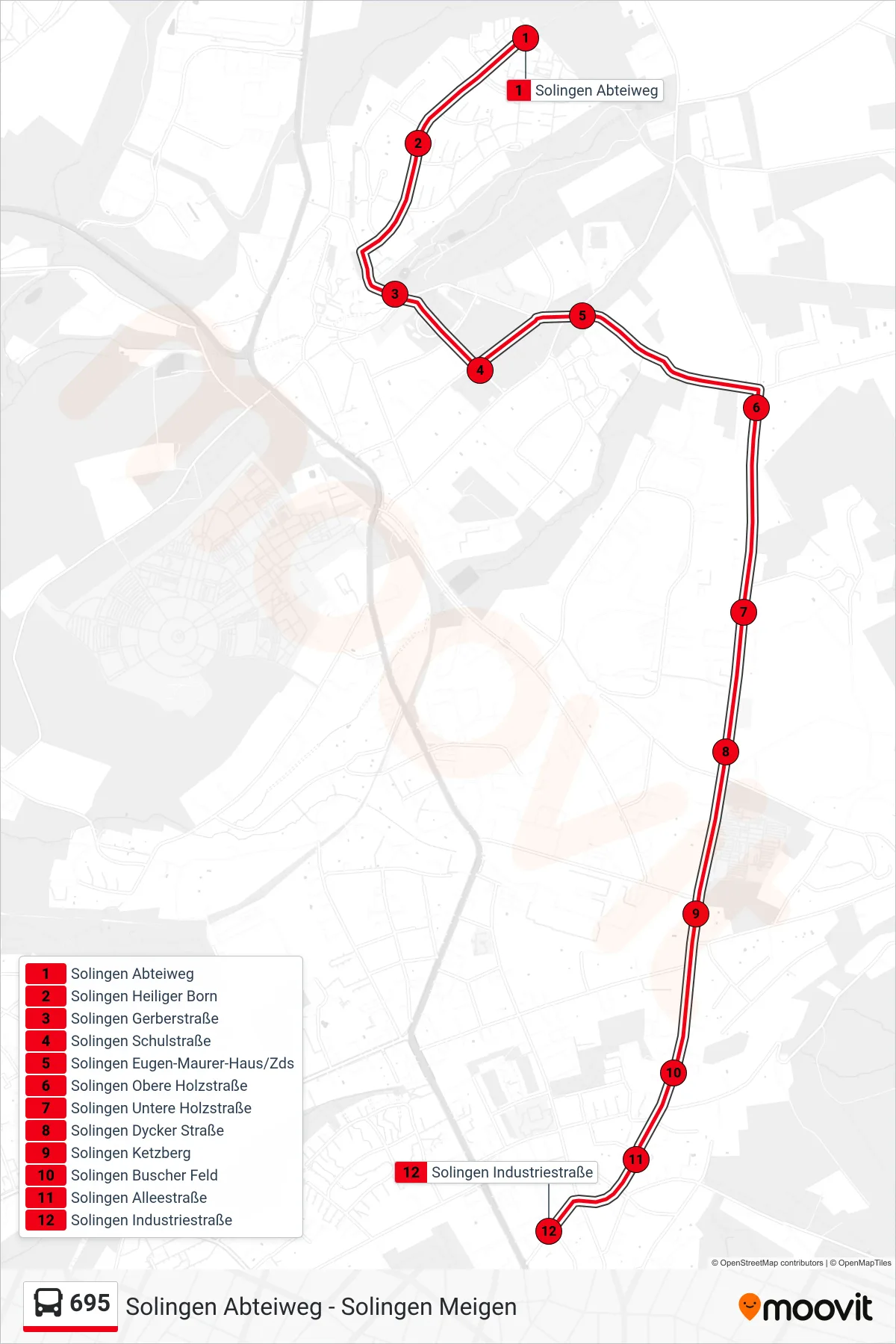 Linie 695 (Bus) Richtung Solingen Industriestraße: Route und Haltestellen auf der Karte