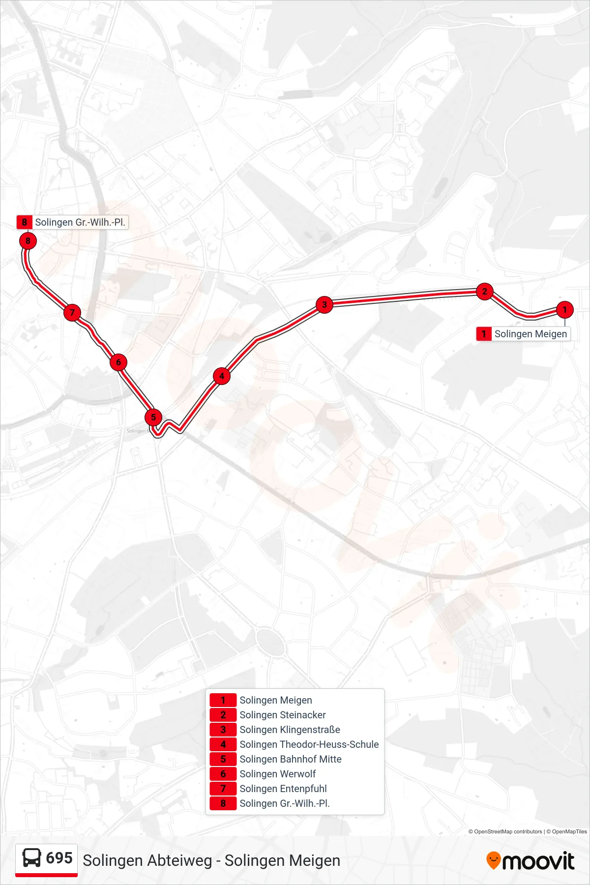 695 bus Line (Solingen Gr.-Wilh.-Pl.) route and stops on a map