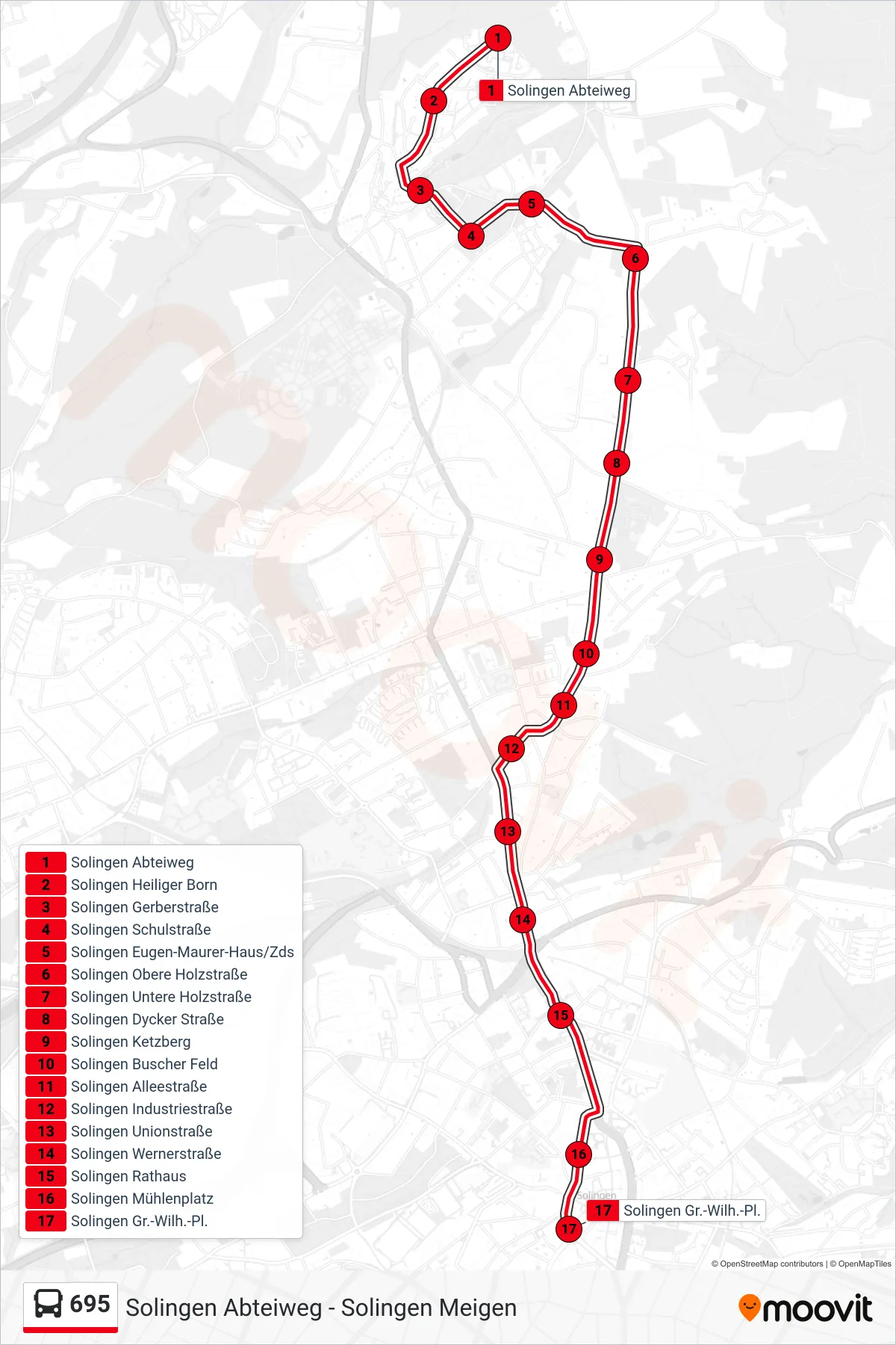 Linie 695 (Bus) Richtung Solingen Gr.-Wilh.-Pl.: Route und Haltestellen auf der Karte