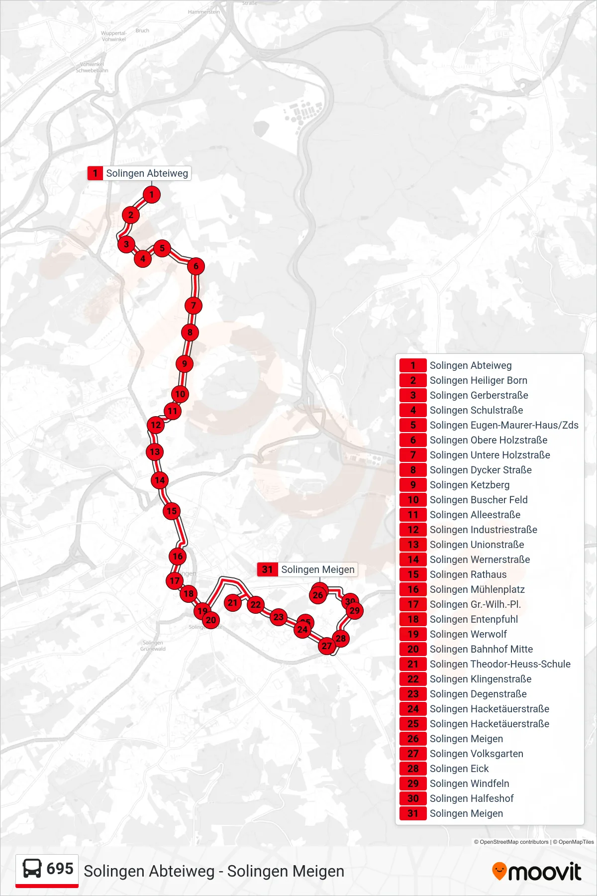 Linie 695 (Bus) Richtung Solingen Meigen: Route und Haltestellen auf der Karte