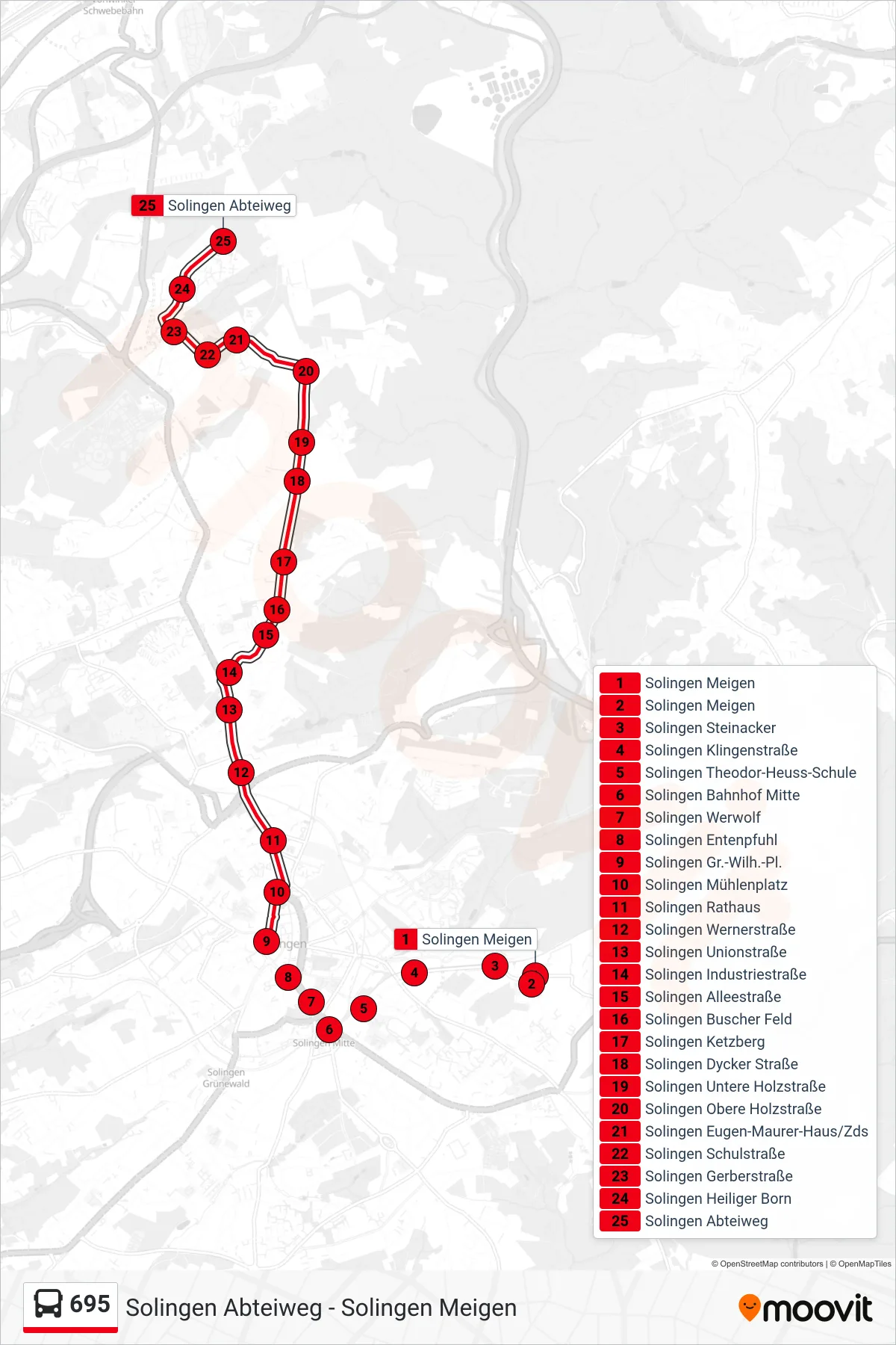 Linie 695 (Bus) Richtung Solingen Abteiweg: Route und Haltestellen auf der Karte