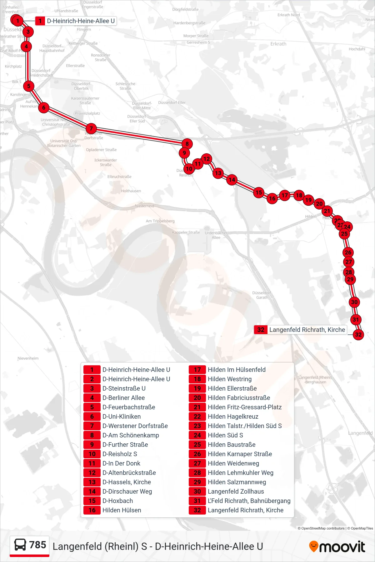 785 bus Line (Langenfeld Richrath, Kirche) route and stops on a map