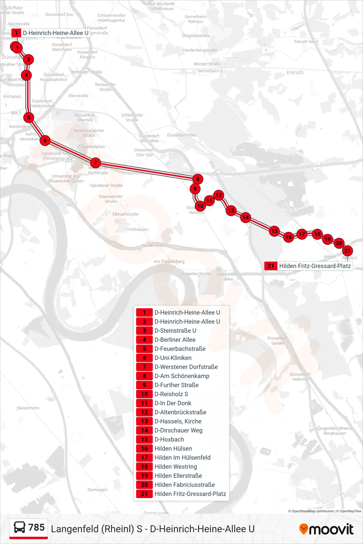Linie 785 (Bus) Richtung Hilden Fritz-Gressard-Platz: Route und Haltestellen auf der Karte