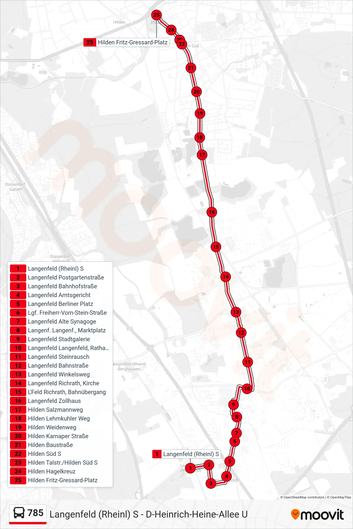 Linie 785 (Bus) Richtung Hilden Fritz-Gressard-Platz: Route und Haltestellen auf der Karte