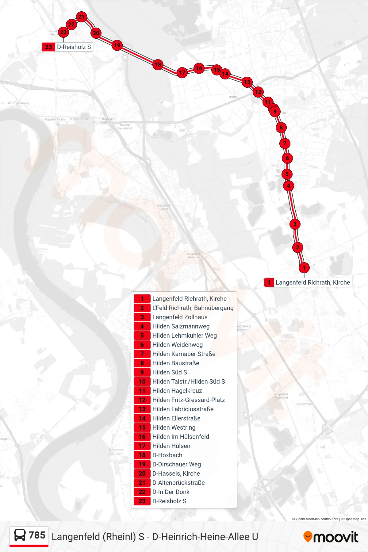 785 bus Line (D-Reisholz S) route and stops on a map