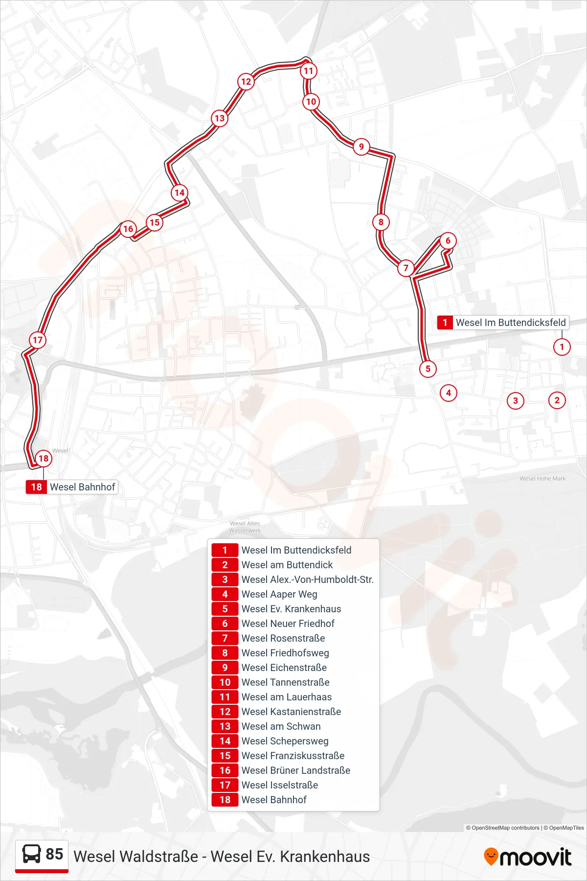 Linie 85 (Bus) Richtung Wesel Bahnhof: Route und Haltestellen auf der Karte