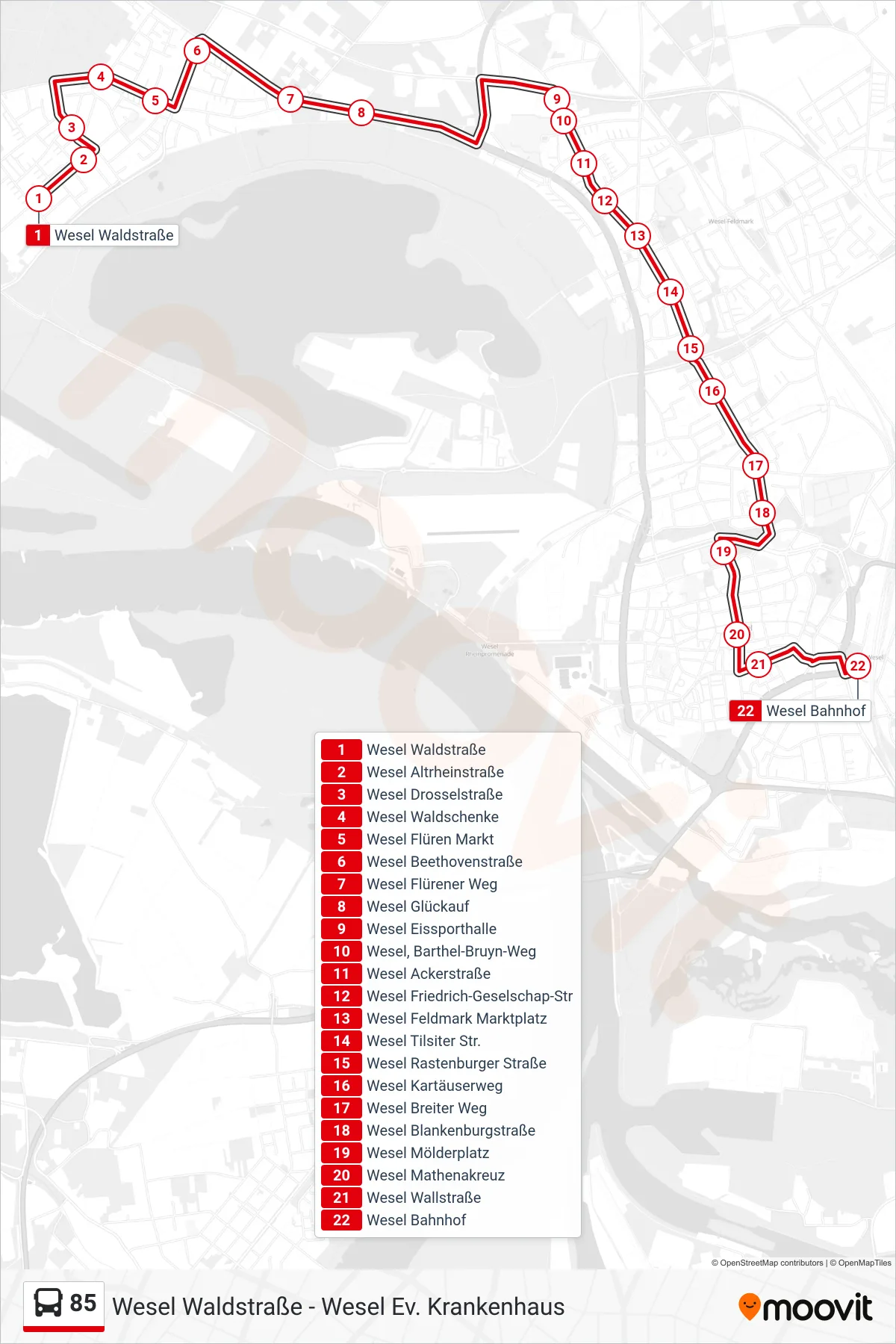 85 bus Line (Wesel Bahnhof) route and stops on a map