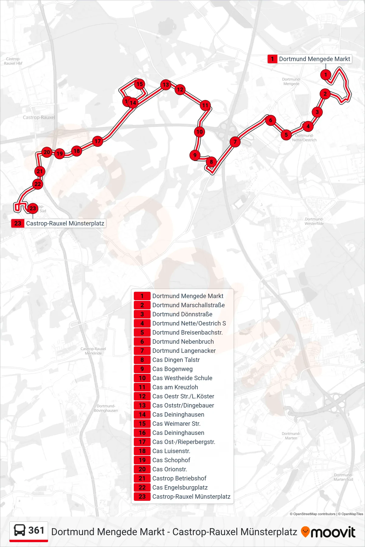 Linie 361 (Bus) Richtung Castrop-Rauxel Münsterplatz: Route und Haltestellen auf der Karte