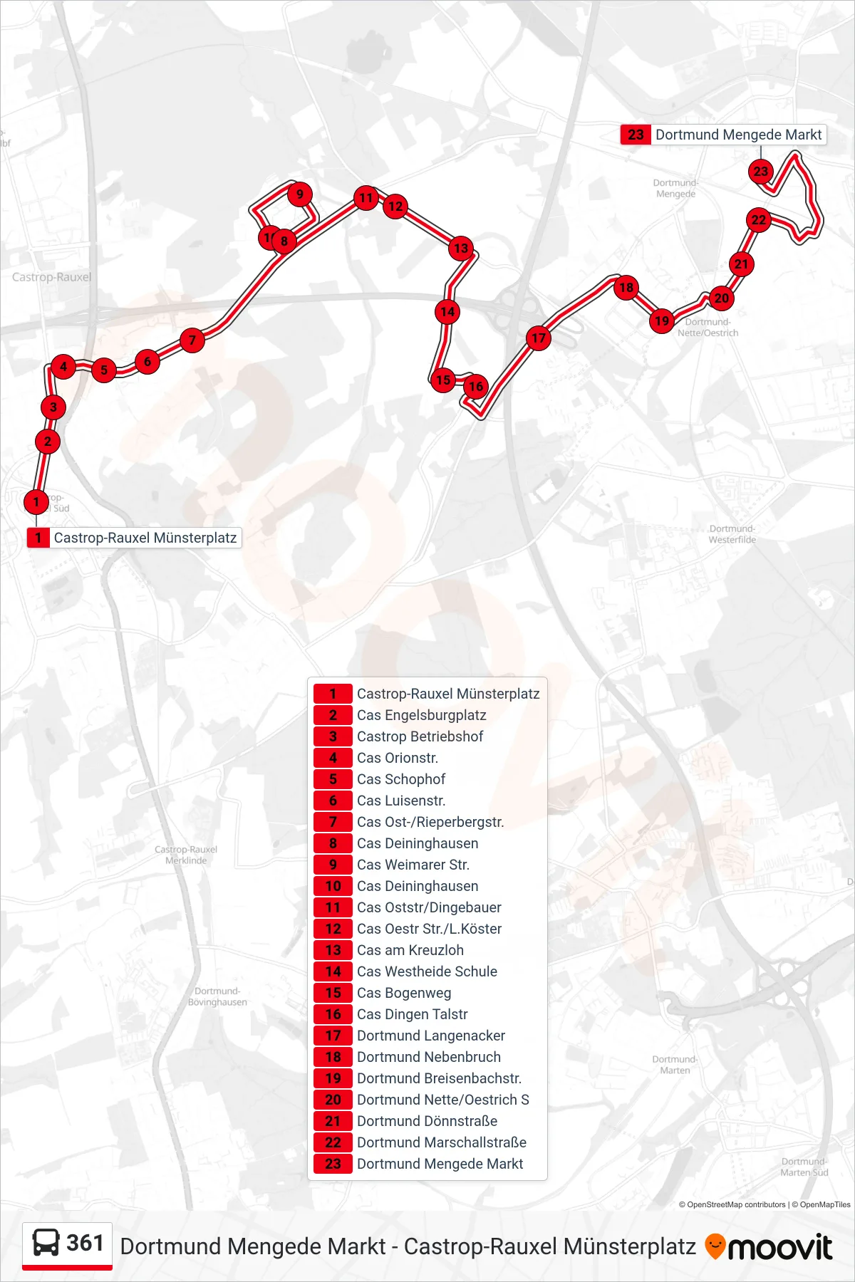 Linie 361 (Bus) Richtung Dortmund Mengede Markt: Route und Haltestellen auf der Karte