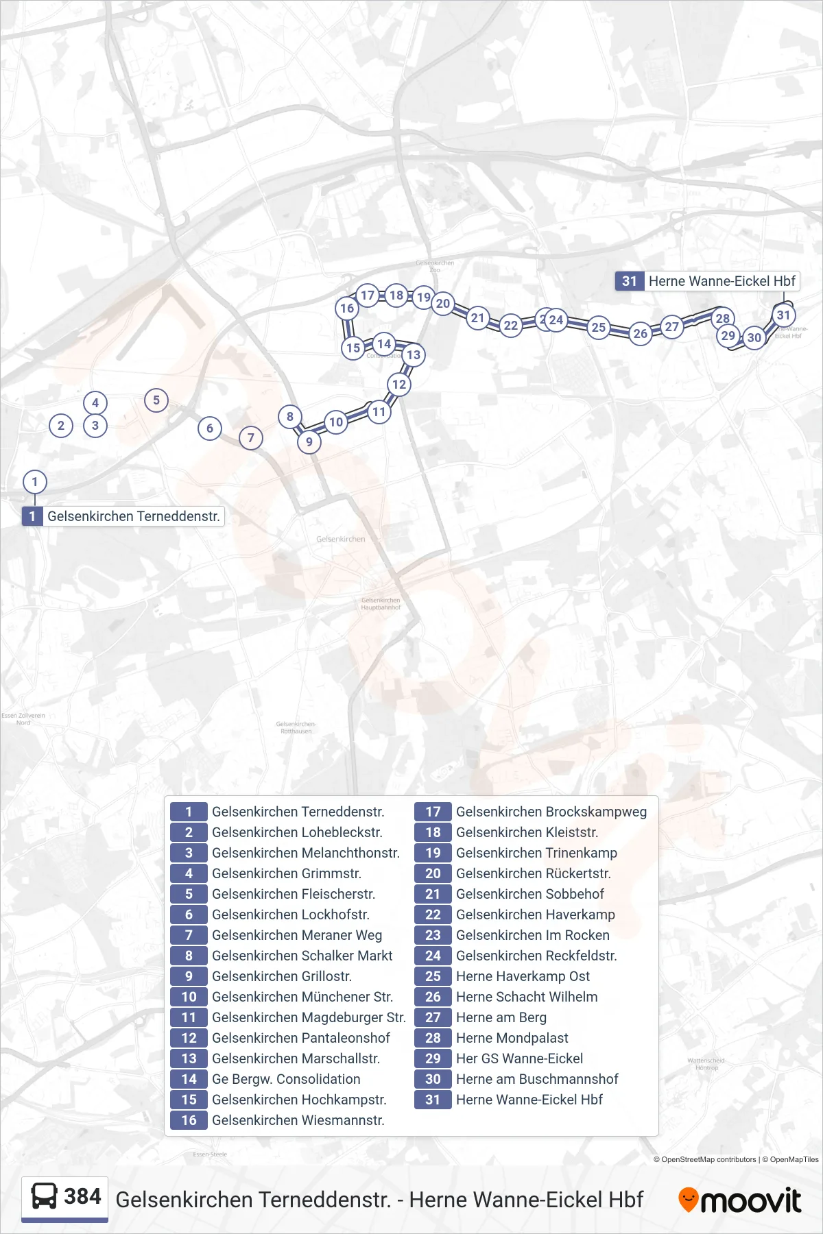 Linie 384 (Bus) Richtung Herne Wanne-Eickel Hbf: Route und Haltestellen auf der Karte