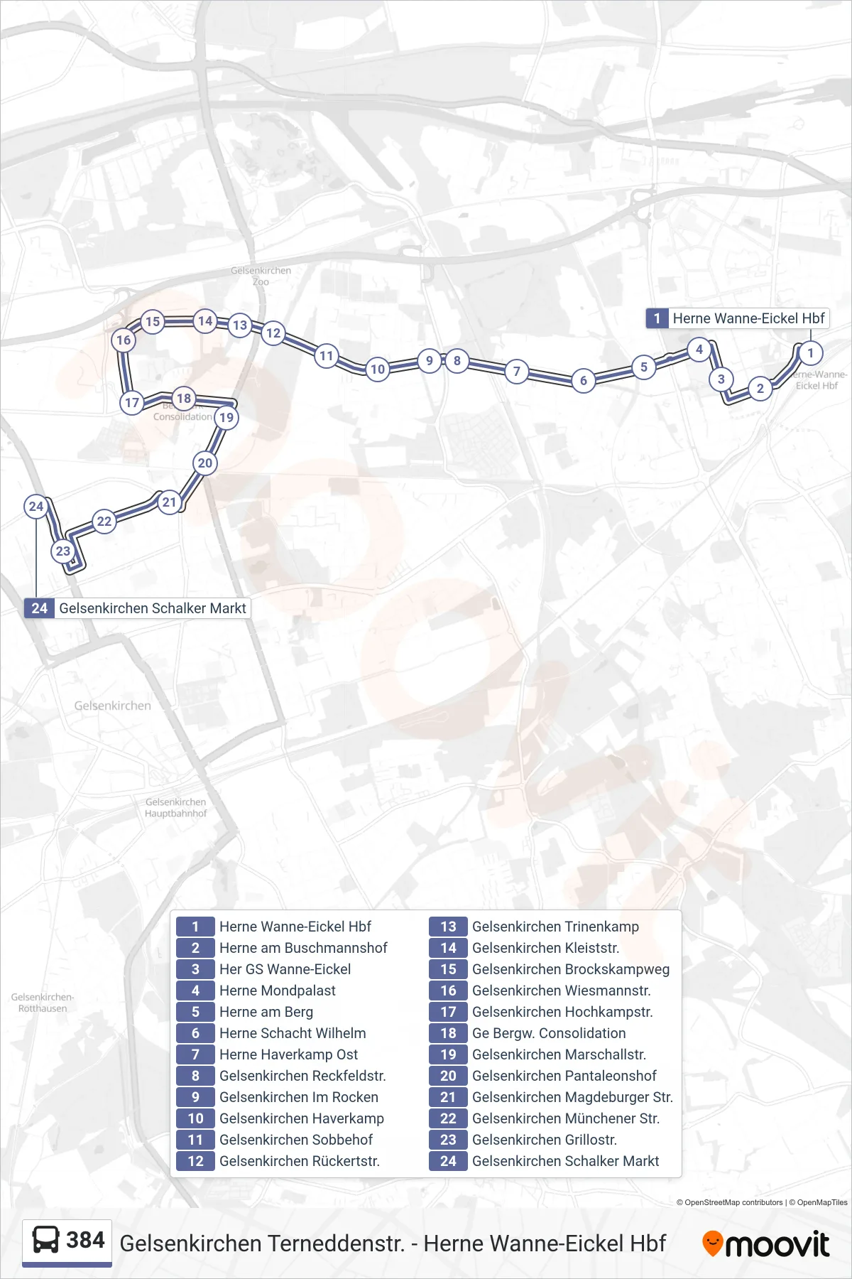 Linie 384 (Bus) Richtung Gelsenkirchen Schalker Markt: Route und Haltestellen auf der Karte