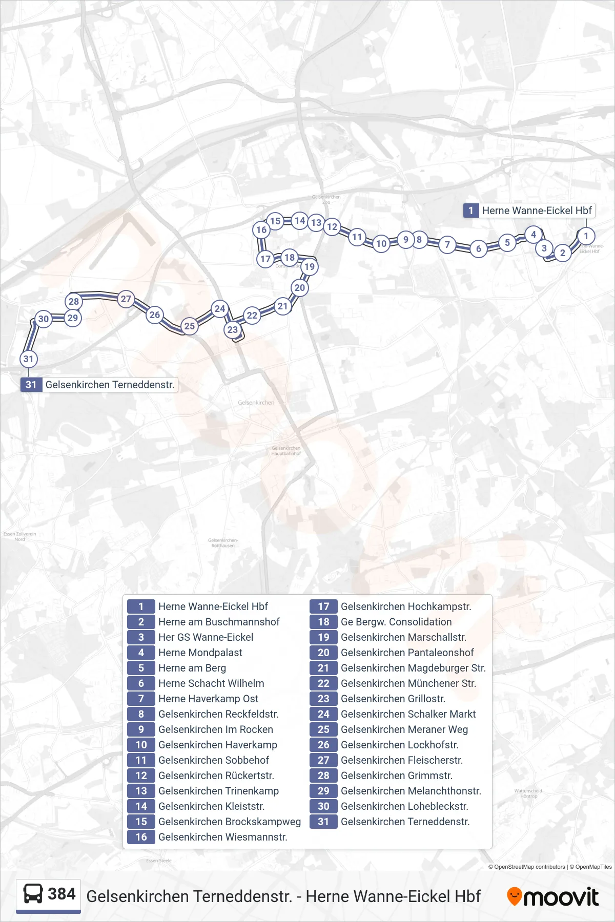 Linie 384 (Bus) Richtung Gelsenkirchen Terneddenstr.: Route und Haltestellen auf der Karte