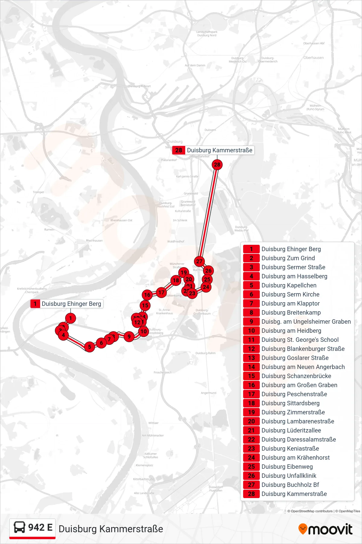 Linie 942 E (Bus) Richtung Duisburg Kammerstraße: Route und Haltestellen auf der Karte