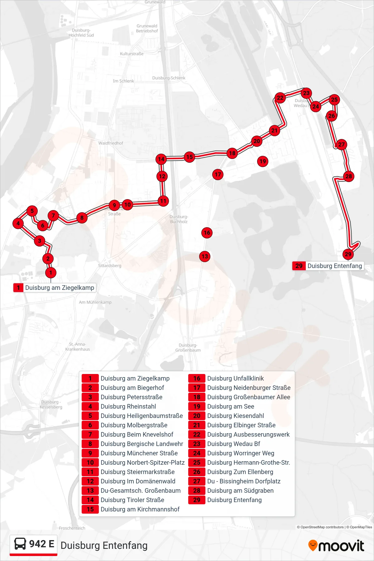 Linie 942 E (Bus) Richtung Duisburg Entenfang: Route und Haltestellen auf der Karte