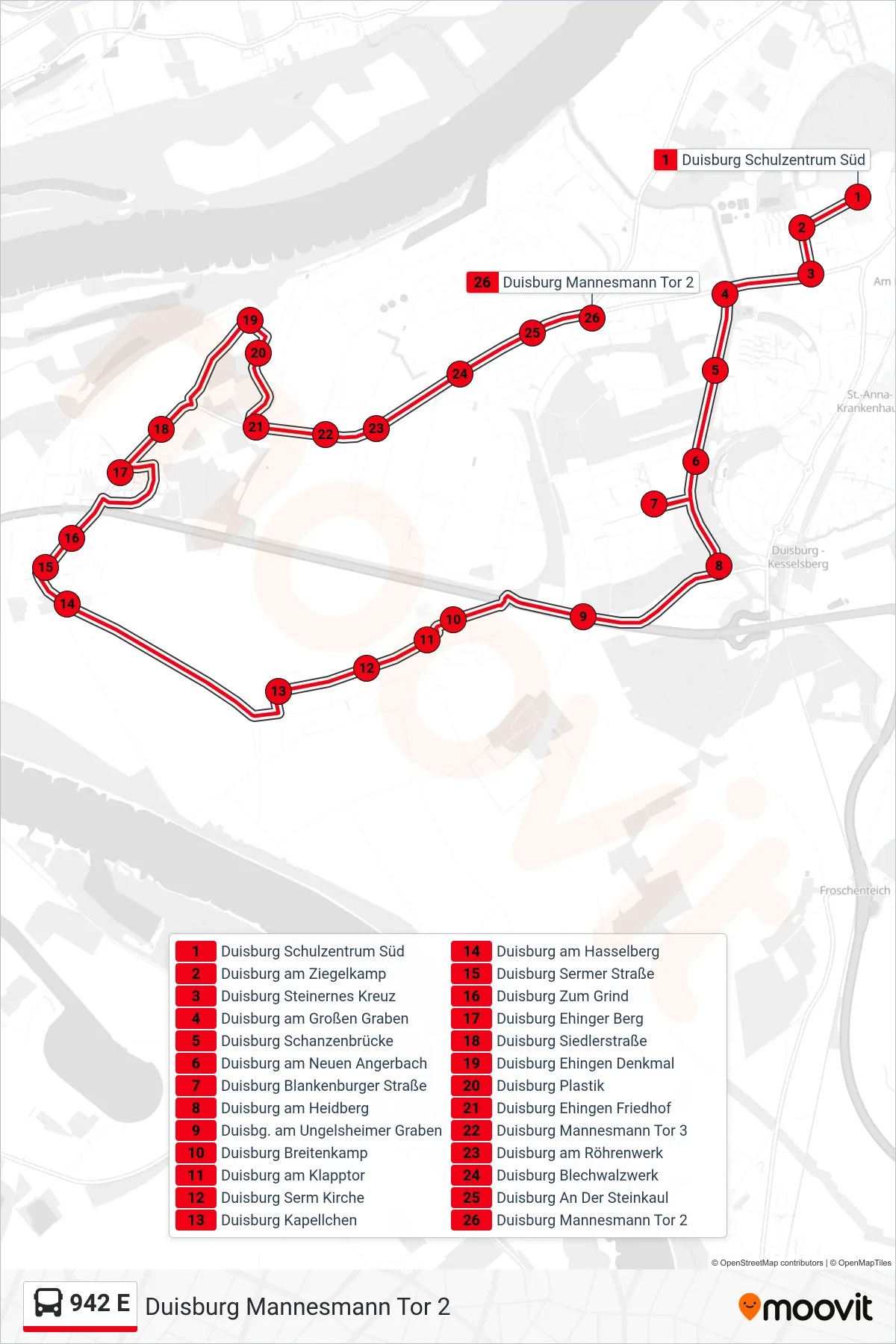 942 E bus Line (Duisburg Mannesmann Tor 2) route and stops on a map