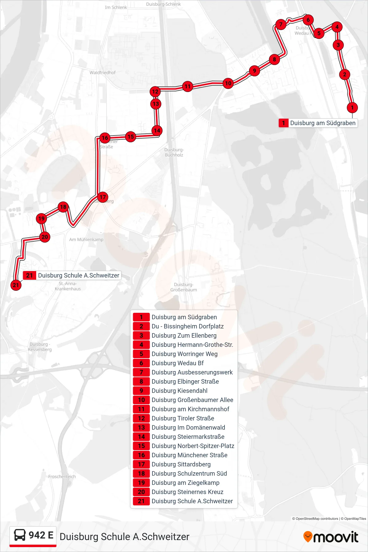 942 E bus Line (Duisburg Schule A.Schweitzer) route and stops on a map
