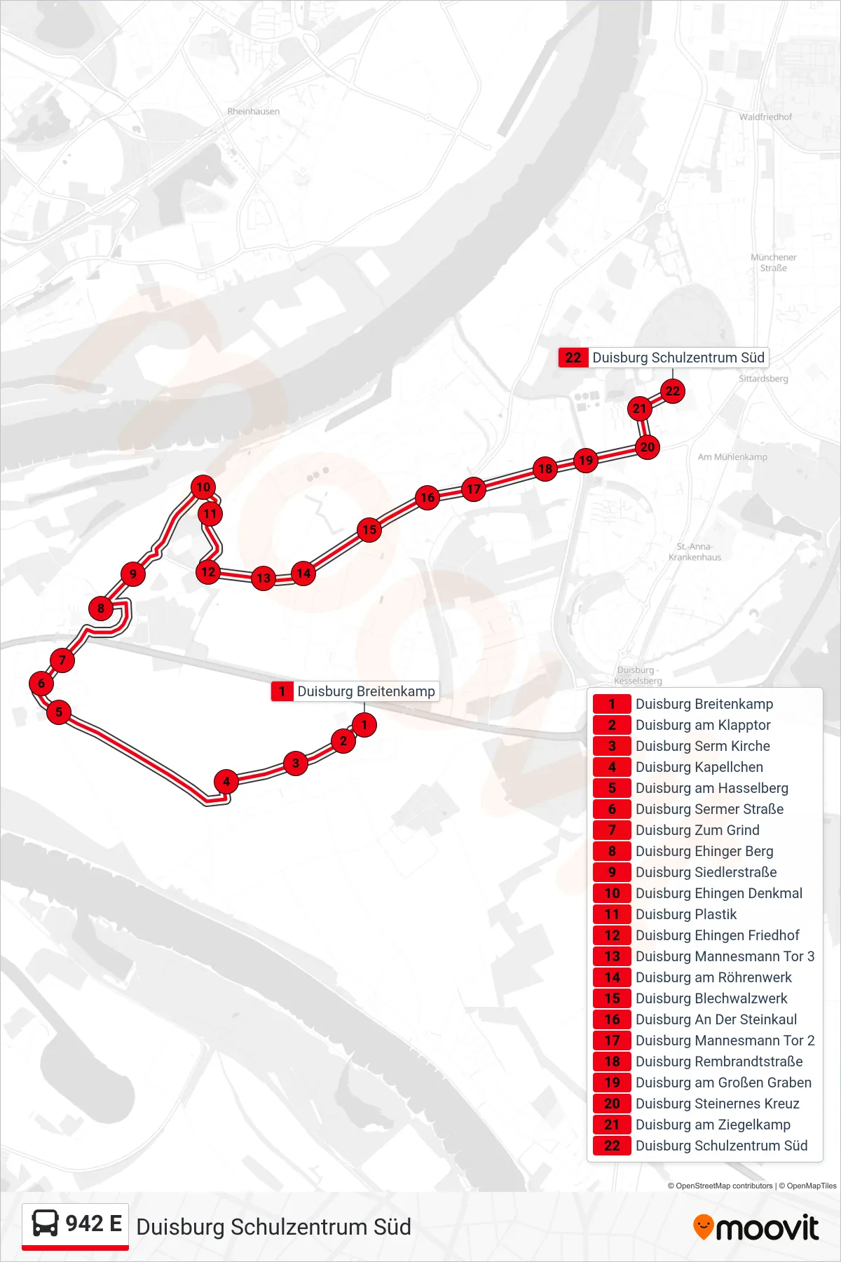 942 E bus Line (Duisburg Schulzentrum Süd) route and stops on a map