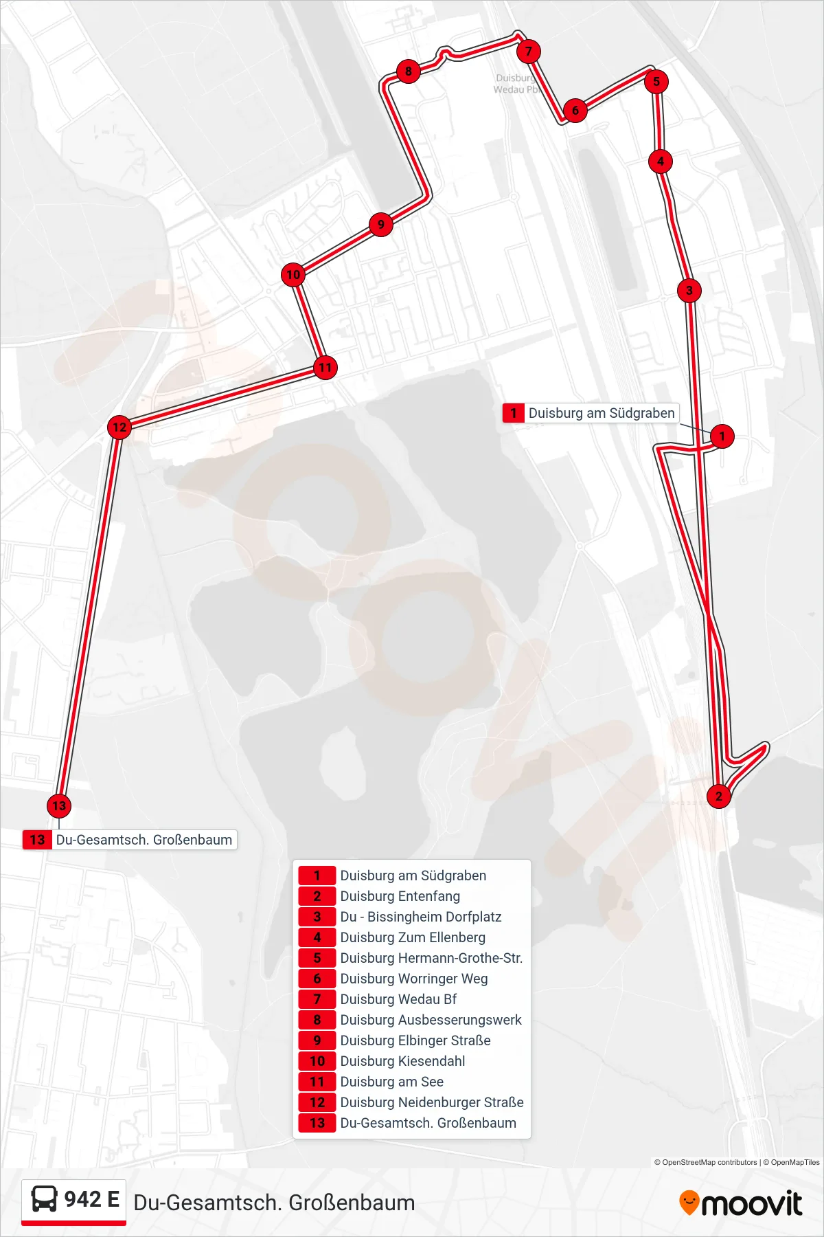 942 E bus Line (Du-Gesamtsch. Großenbaum) route and stops on a map