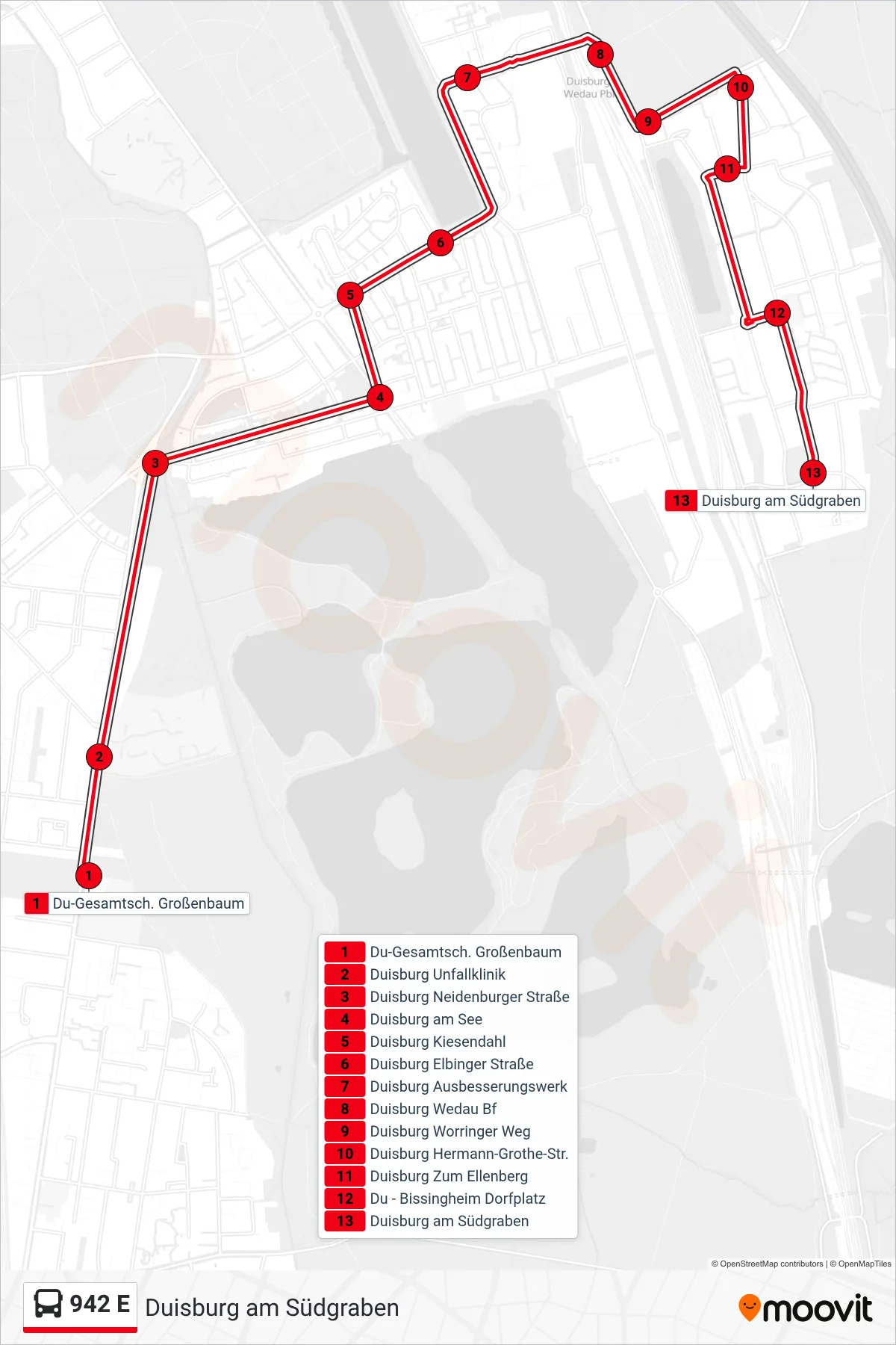 942 E bus Line (Duisburg am Südgraben) route and stops on a map
