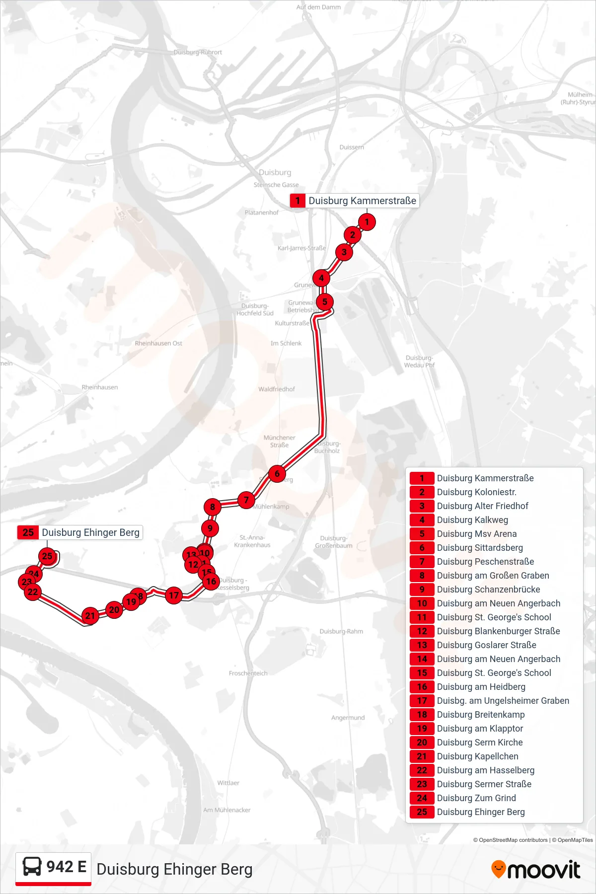 Linie 942 E (Bus) Richtung Duisburg Ehinger Berg: Route und Haltestellen auf der Karte