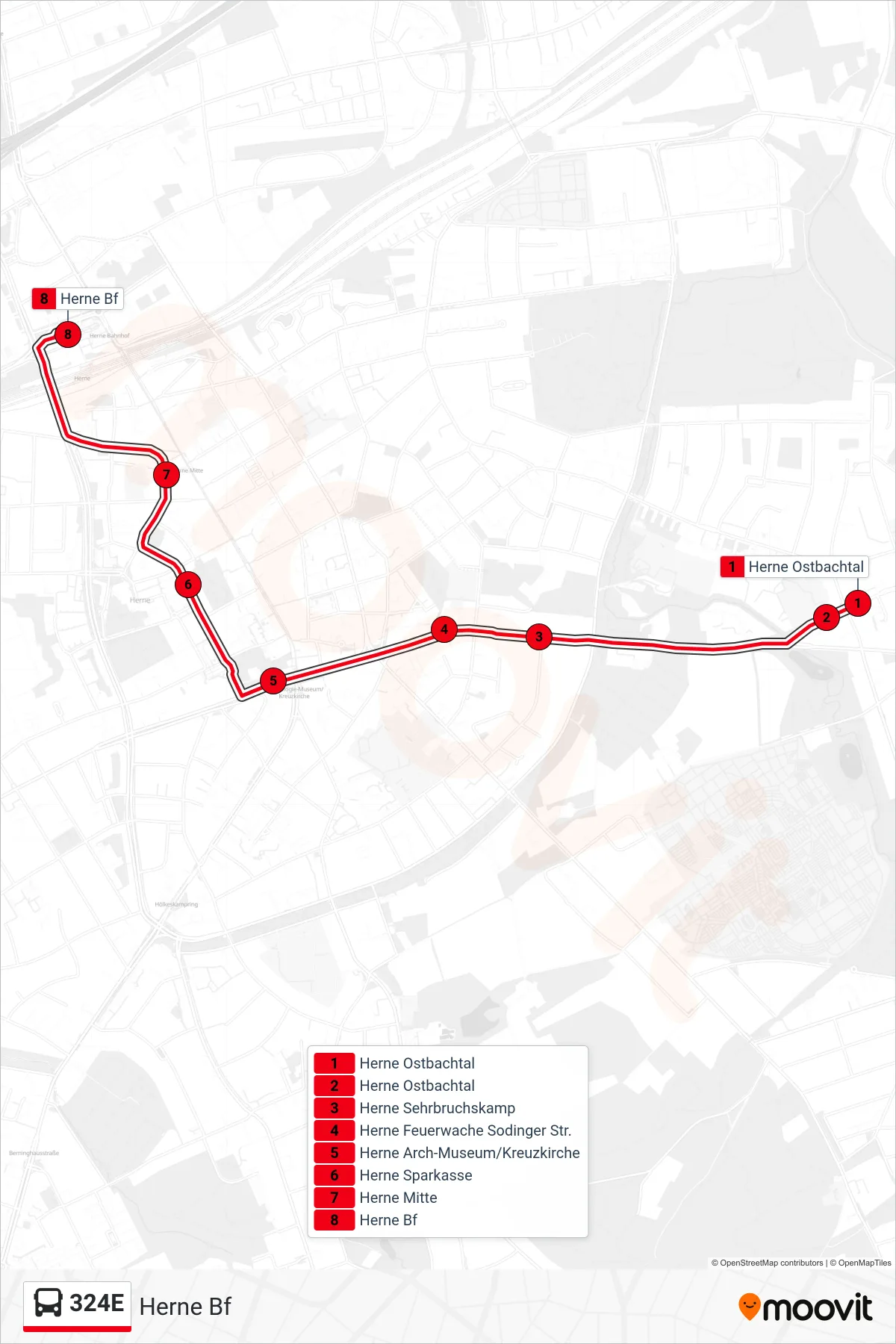 Linie 324E (Bus) Richtung Herne Bf: Route und Haltestellen auf der Karte