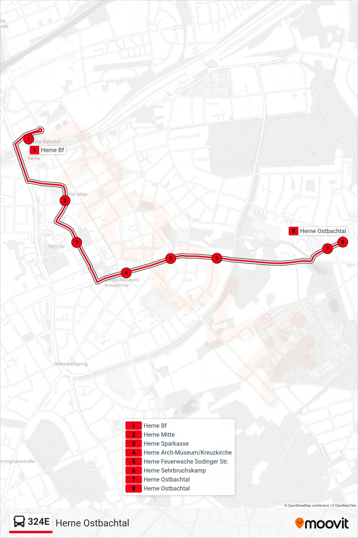 324E bus Line (Herne Ostbachtal) route and stops on a map