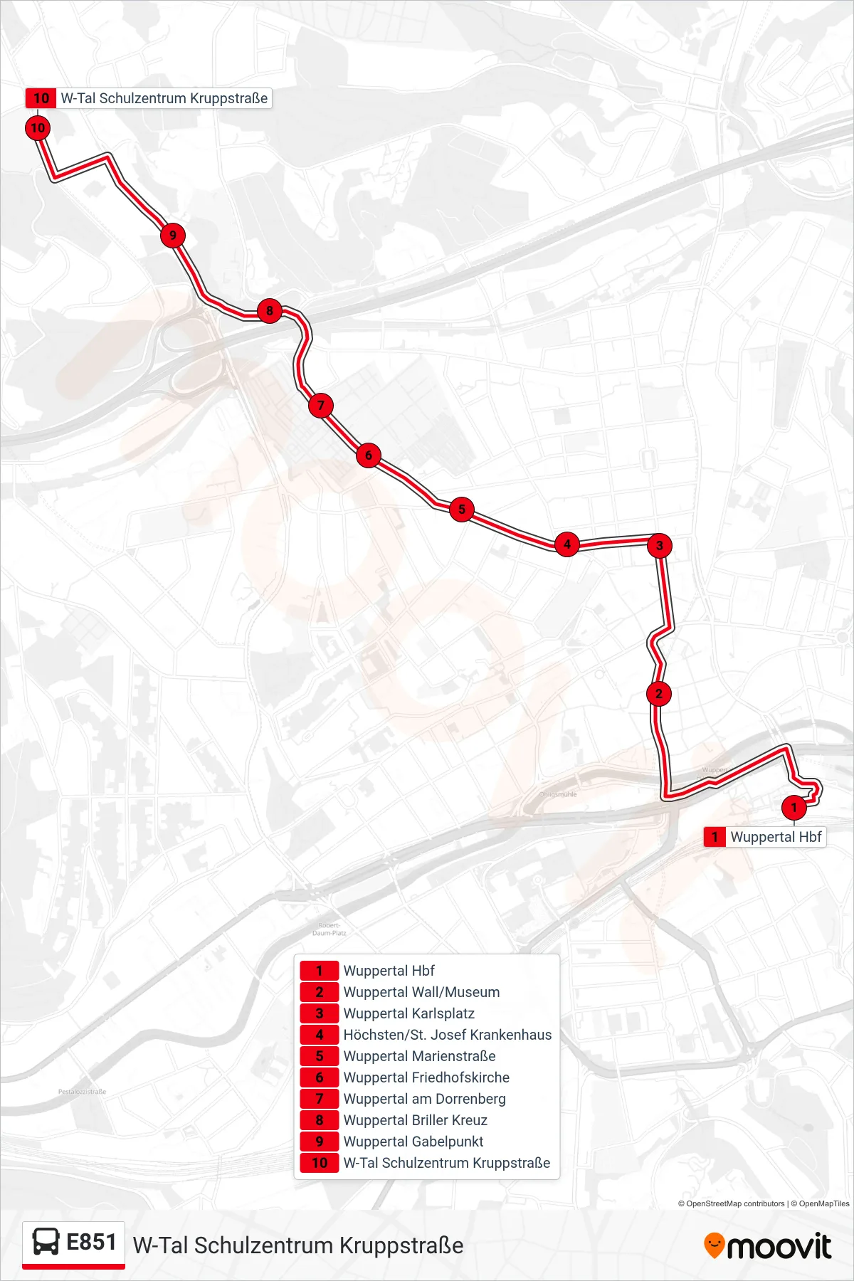 Linie E851 (Bus) Richtung W-Tal Schulzentrum Kruppstraße: Route und Haltestellen auf der Karte