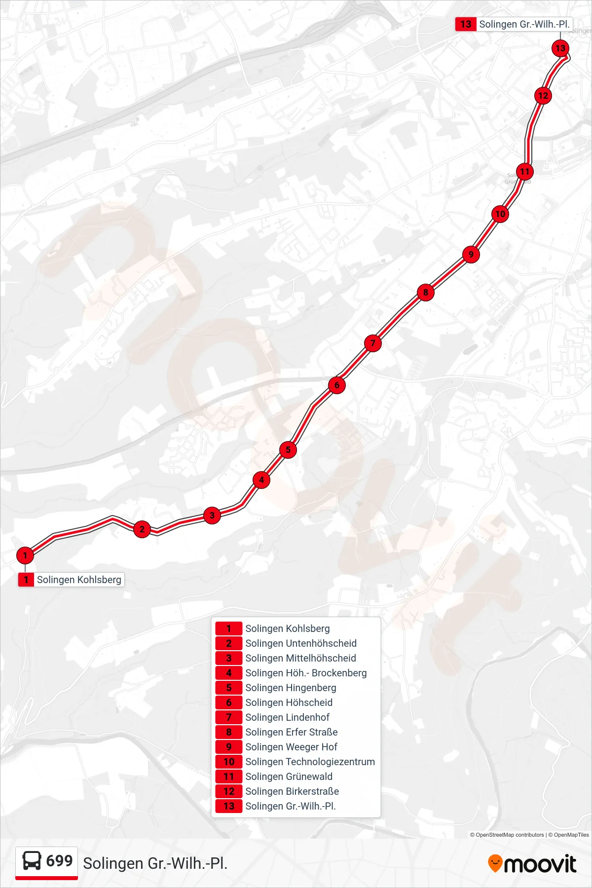 Linie 699 (Bus) Richtung Solingen Gr.-Wilh.-Pl.: Route und Haltestellen auf der Karte