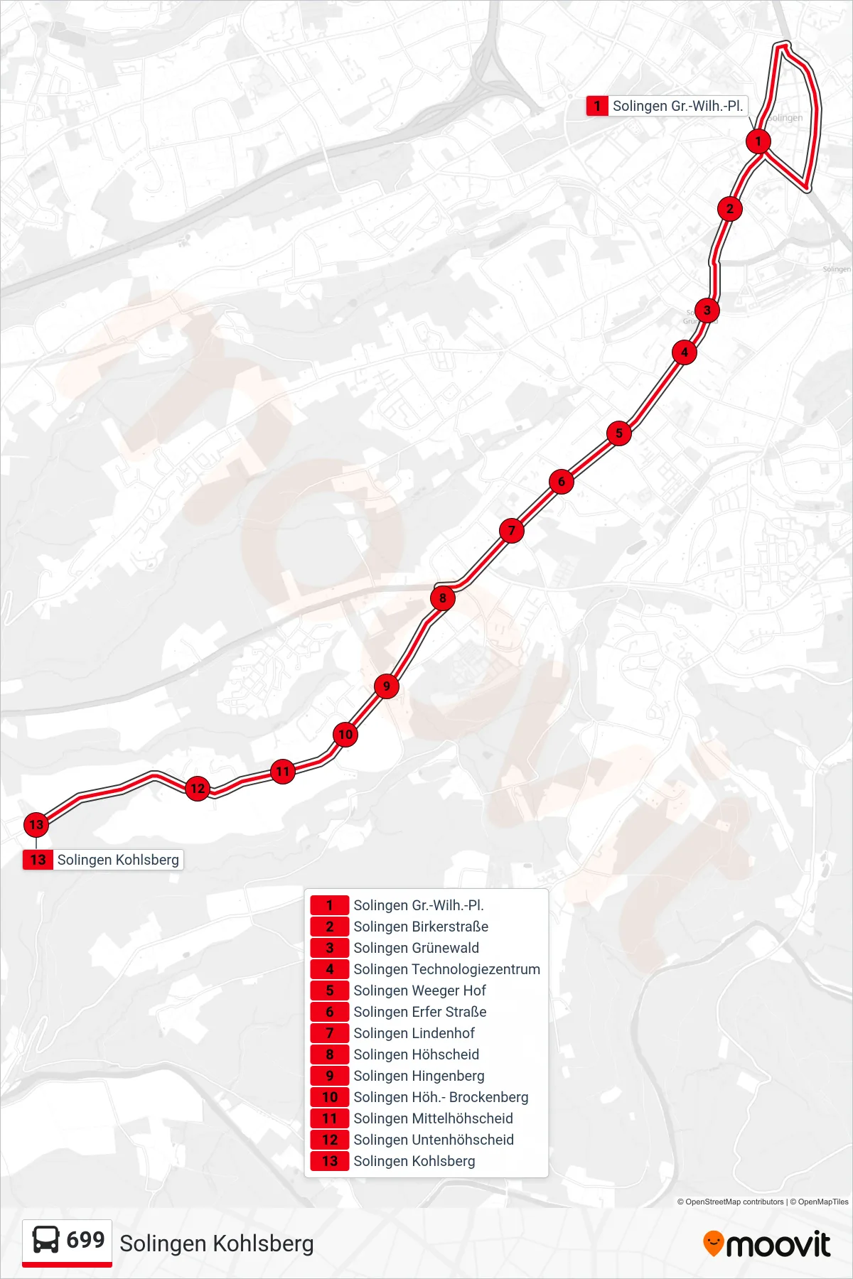 Linie 699 (Bus) Richtung Solingen Kohlsberg: Route und Haltestellen auf der Karte