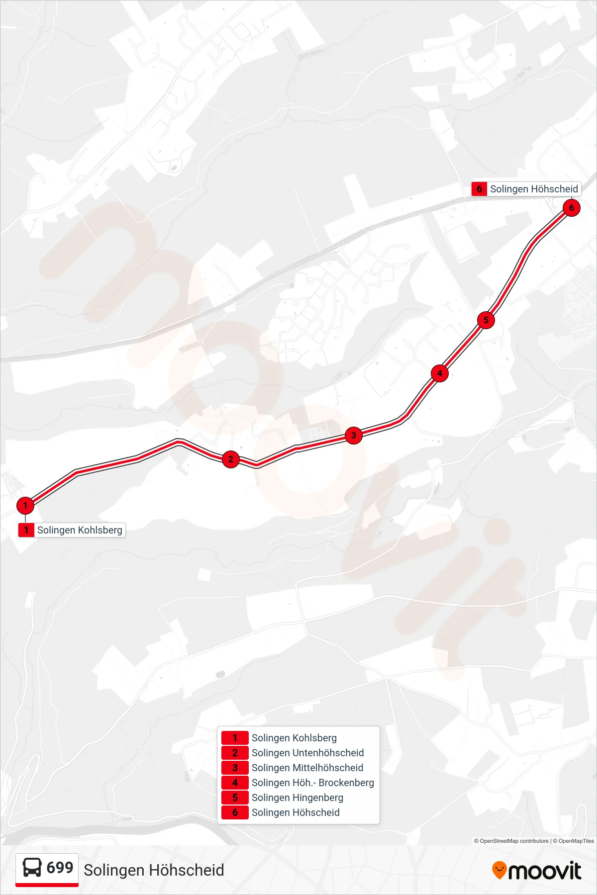 Linie 699 (Bus) Richtung Solingen Höhscheid: Route und Haltestellen auf der Karte
