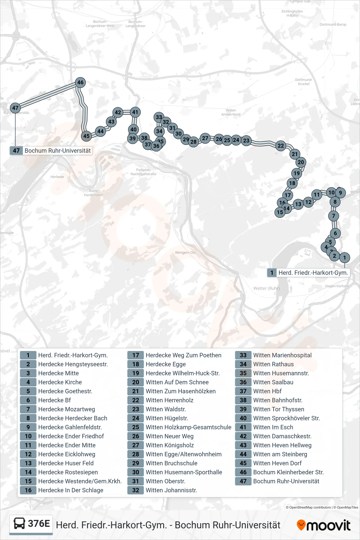 376E bus Line (Bochum Ruhr-Universität) route and stops on a map