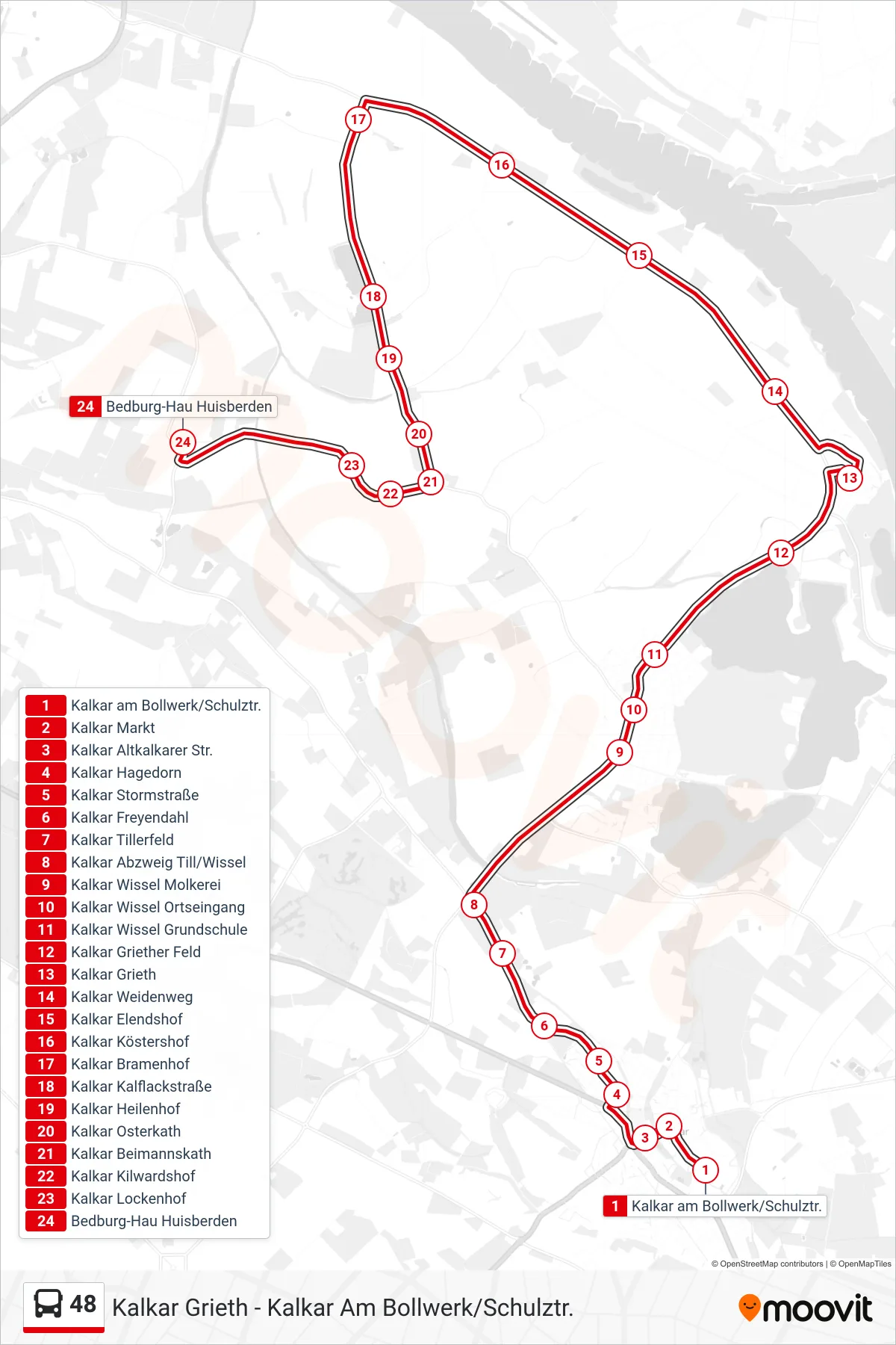 Linie 48 (Bus) Richtung Bedburg-Hau Huisberden: Route und Haltestellen auf der Karte