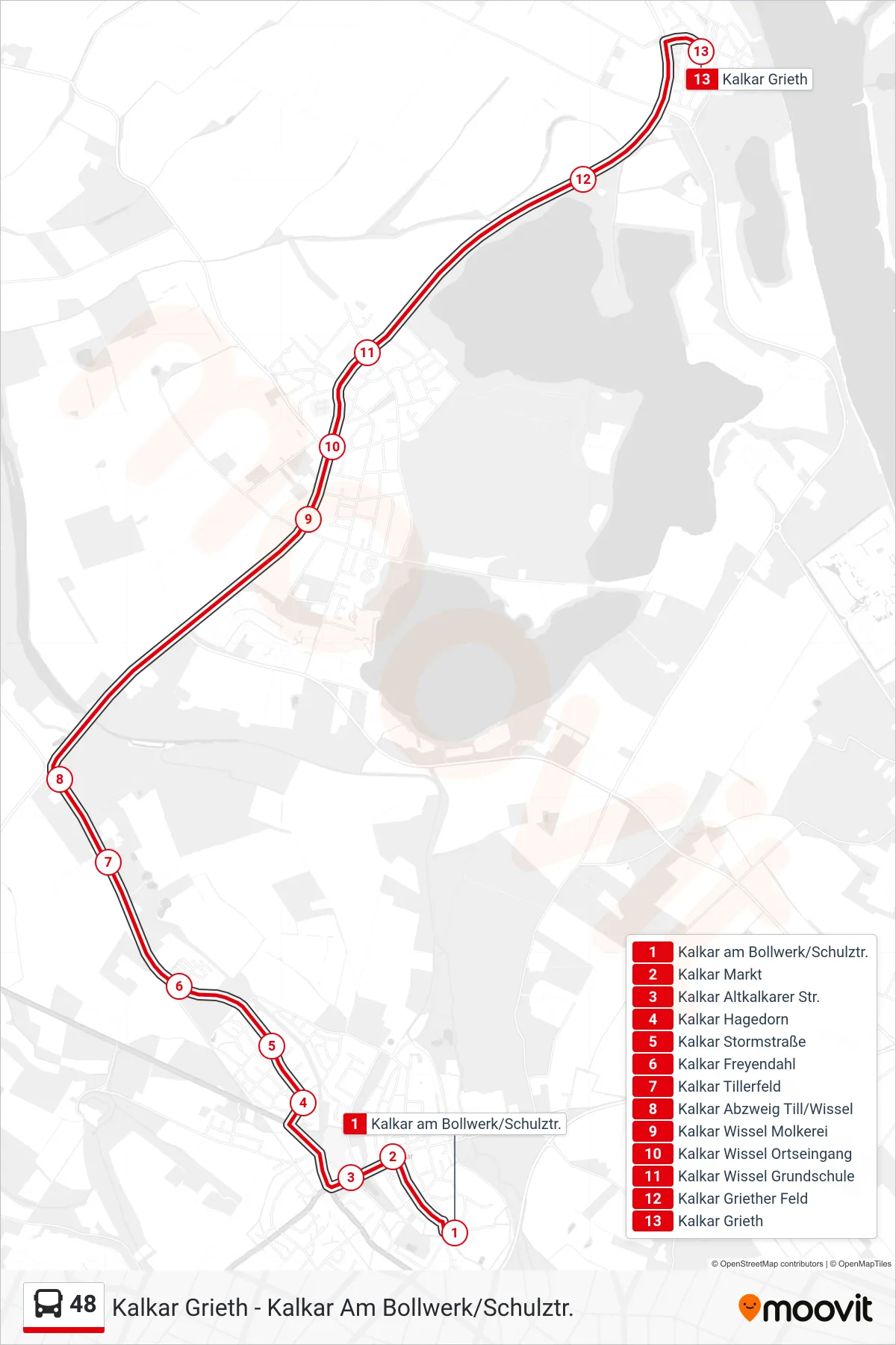 Linie 48 (Bus) Richtung Kalkar Grieth: Route und Haltestellen auf der Karte