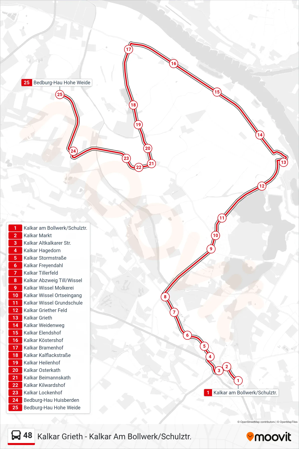 48 bus Line (Bedburg-Hau Hohe Weide) route and stops on a map
