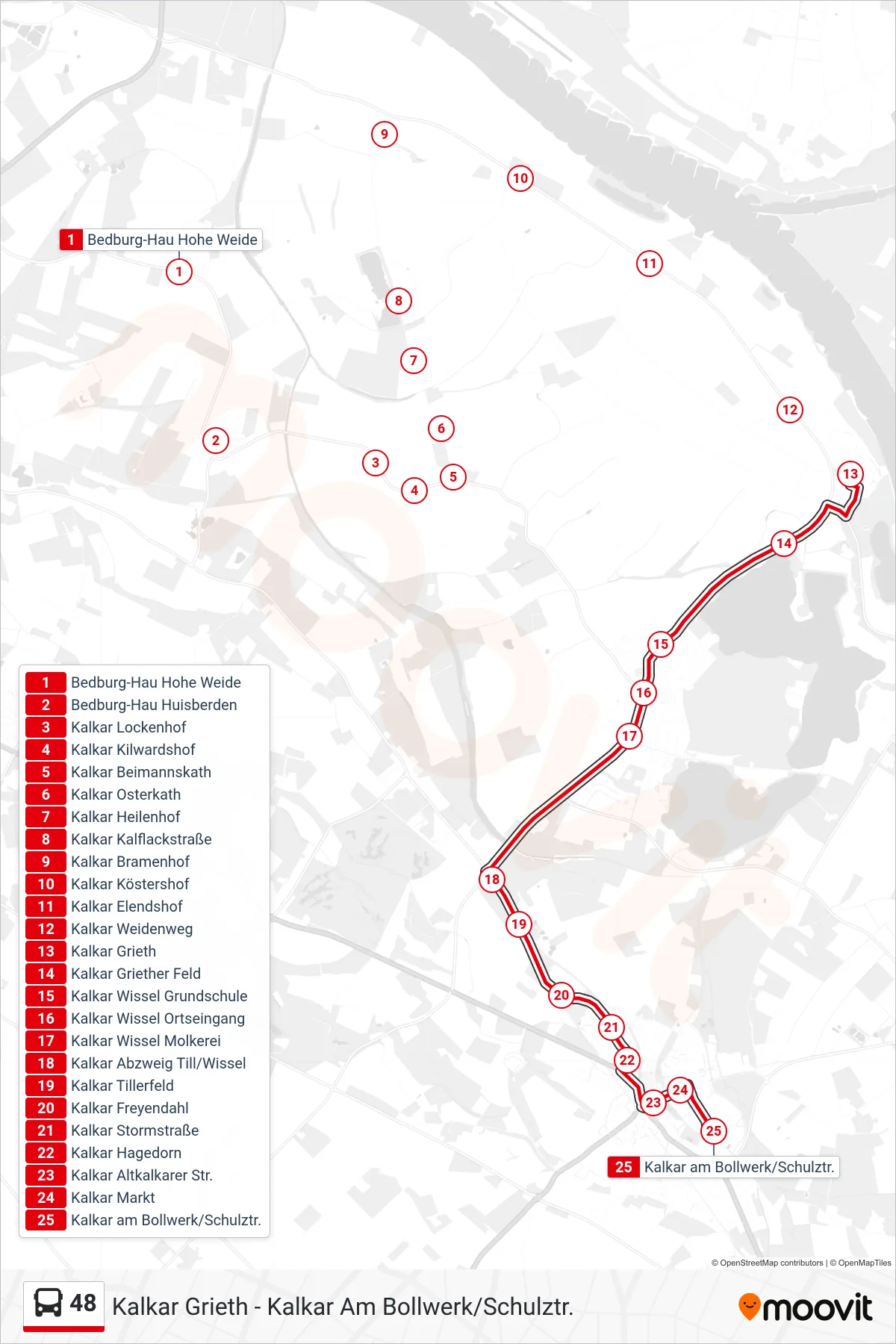 Linie 48 (Bus) Richtung Kalkar am Bollwerk/Schulztr.: Route und Haltestellen auf der Karte