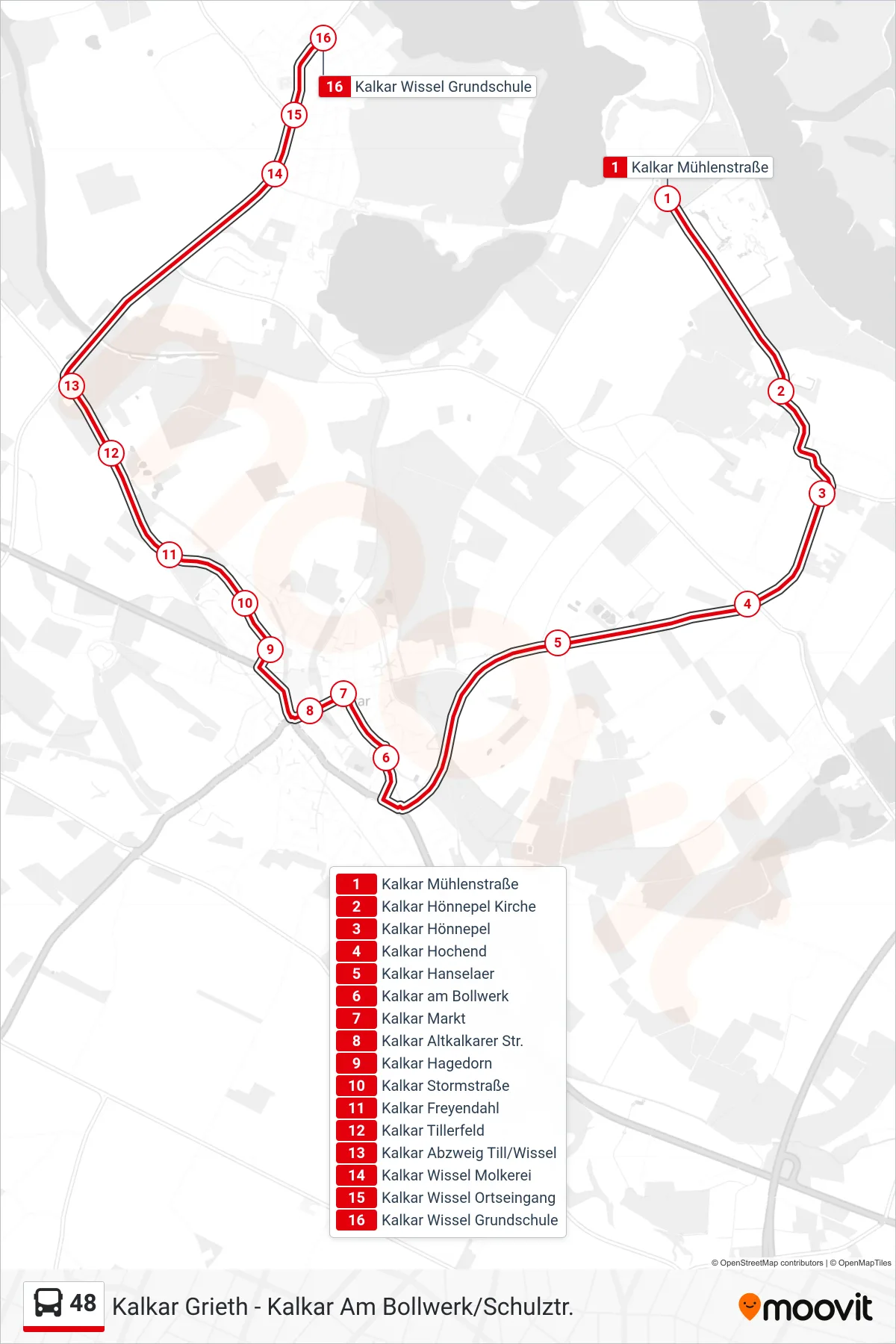 48 bus Line (Kalkar Wissel Grundschule) route and stops on a map