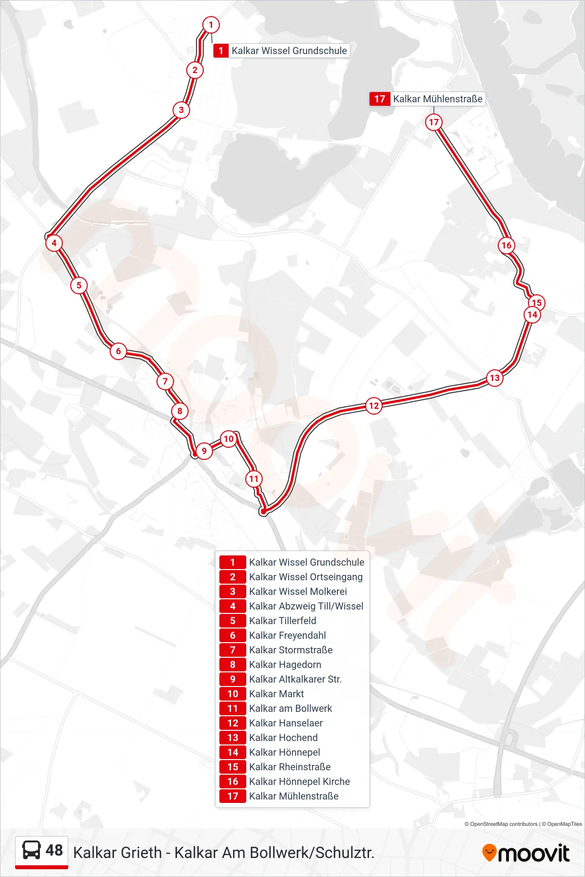 48 bus Line (Kalkar Mühlenstraße) route and stops on a map