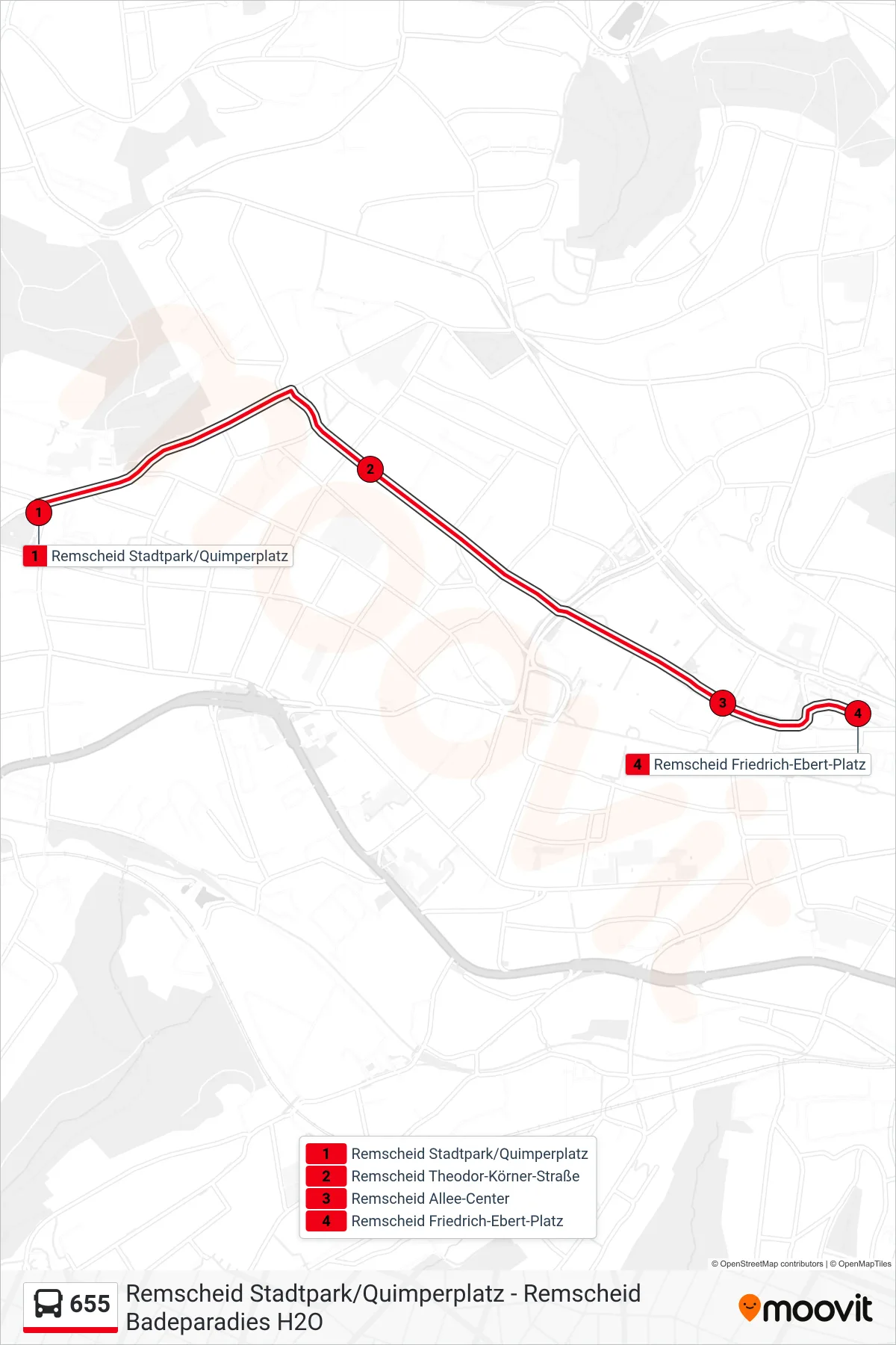 Linie 655 (Bus) Richtung Remscheid Friedrich-Ebert-Platz: Route und Haltestellen auf der Karte