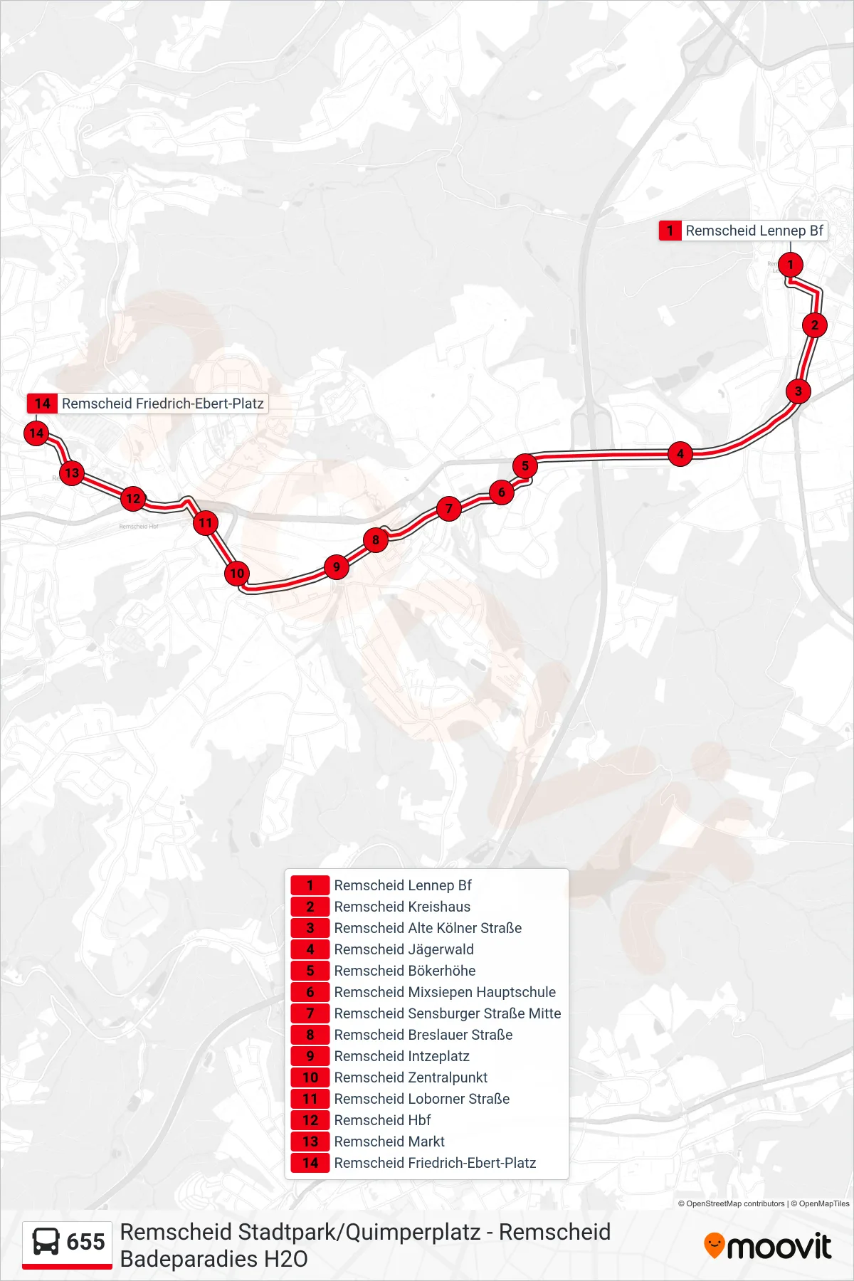 655 bus Line (Remscheid Friedrich-Ebert-Platz) route and stops on a map