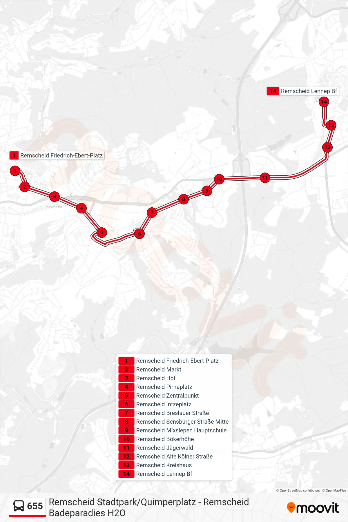 Linie 655 (Bus) Richtung Remscheid Lennep Bf: Route und Haltestellen auf der Karte