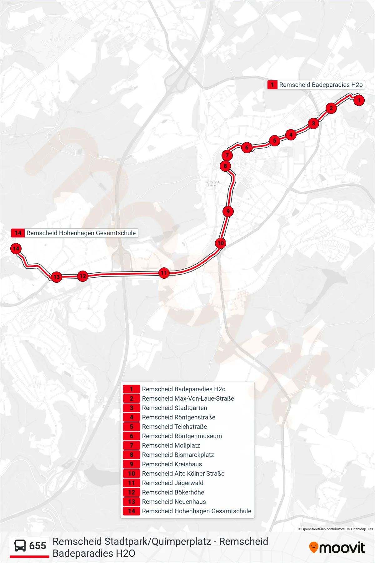 Linie 655 (Bus) Richtung Remscheid Hohenhagen Gesamtschule: Route und Haltestellen auf der Karte