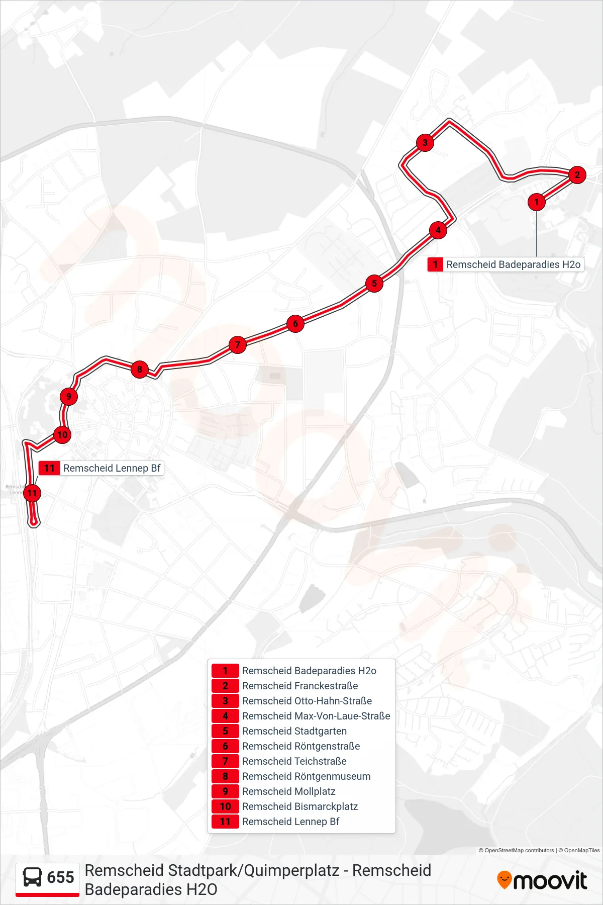 655 bus Line (Remscheid Lennep Bf) route and stops on a map