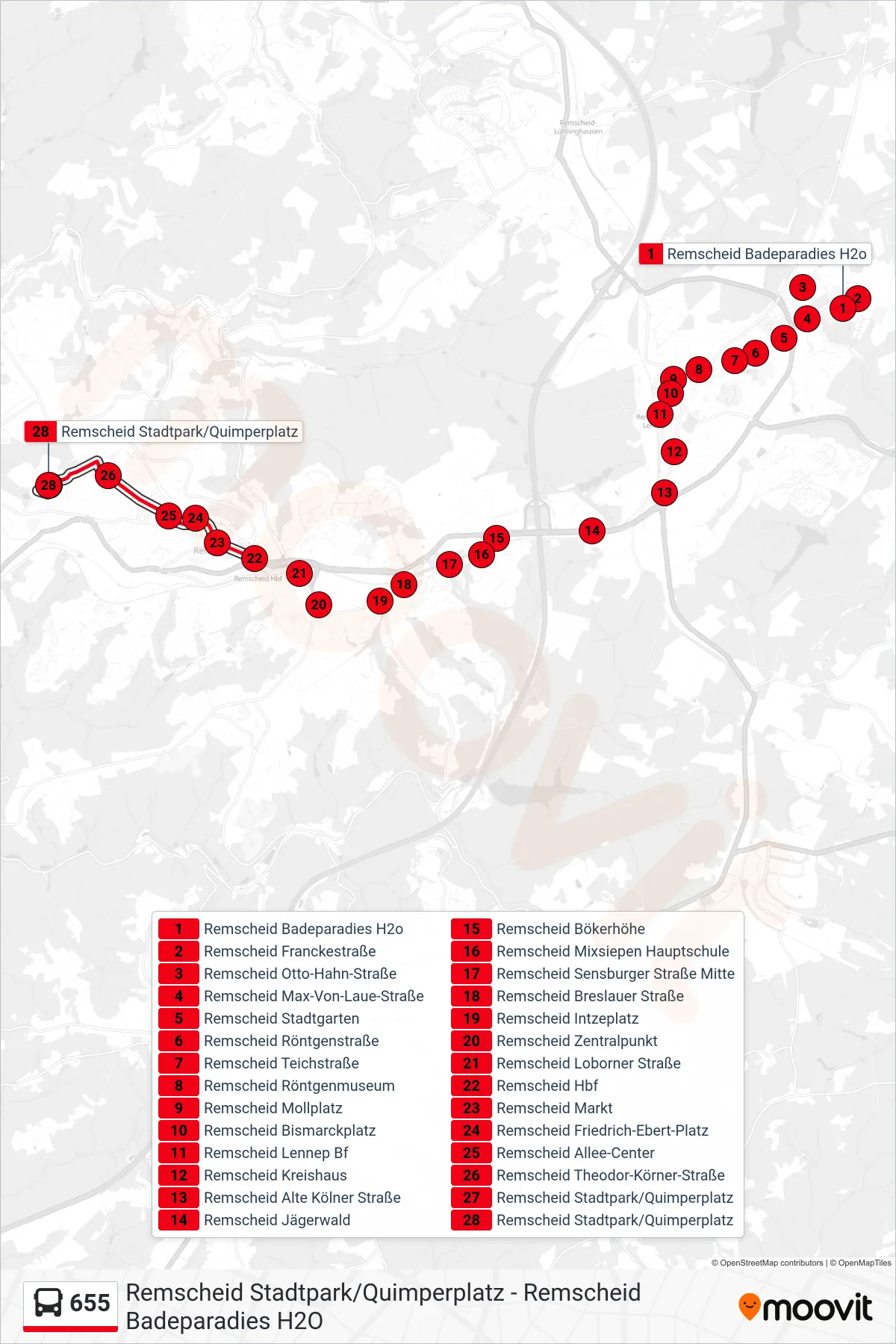 655 bus Line (Remscheid Stadtpark/Quimperplatz) route and stops on a map