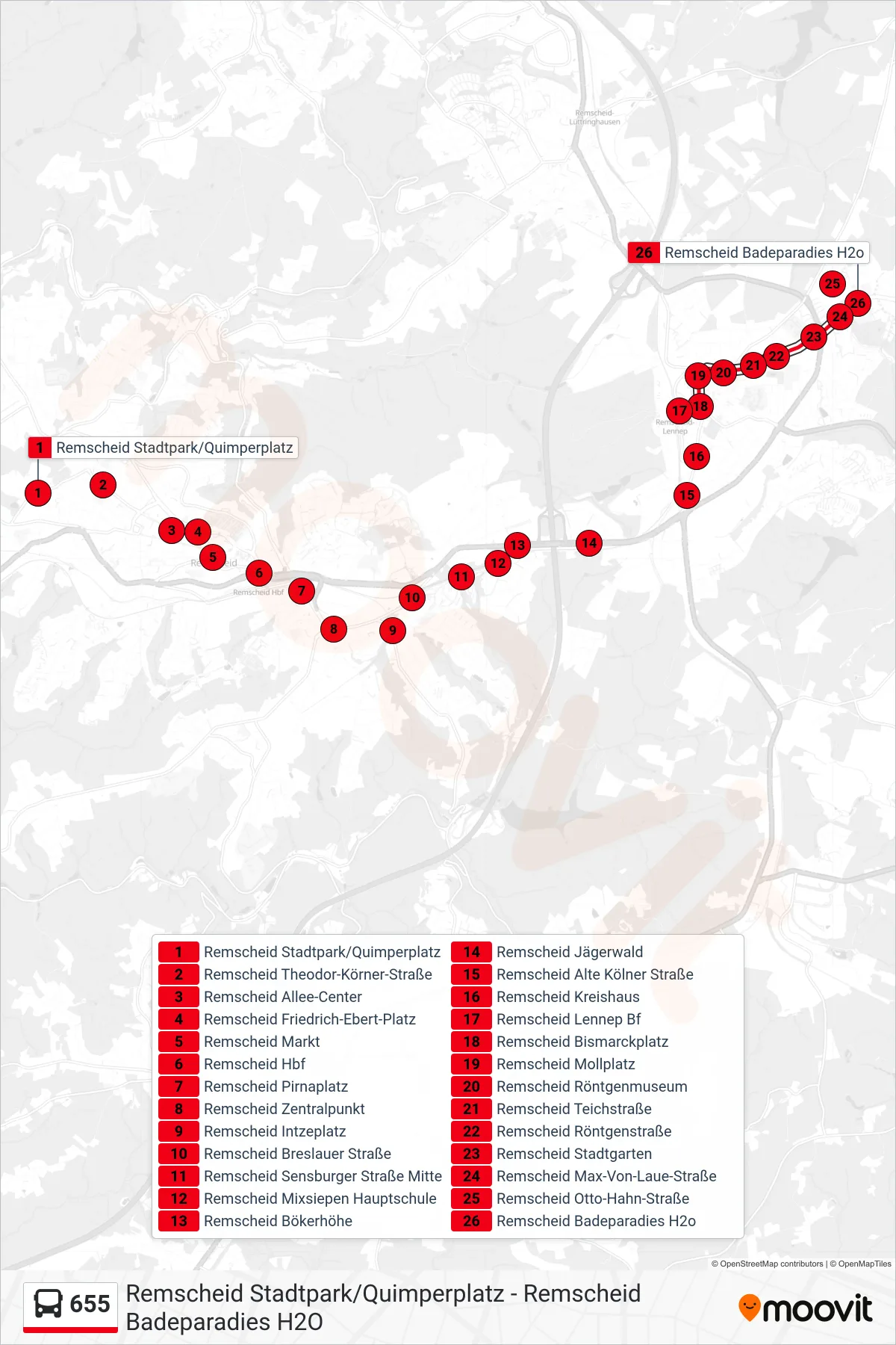 Linie 655 (Bus) Richtung Remscheid Badeparadies H2o: Route und Haltestellen auf der Karte