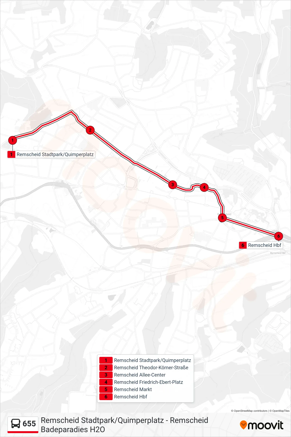 655 bus Line (Remscheid Hbf) route and stops on a map