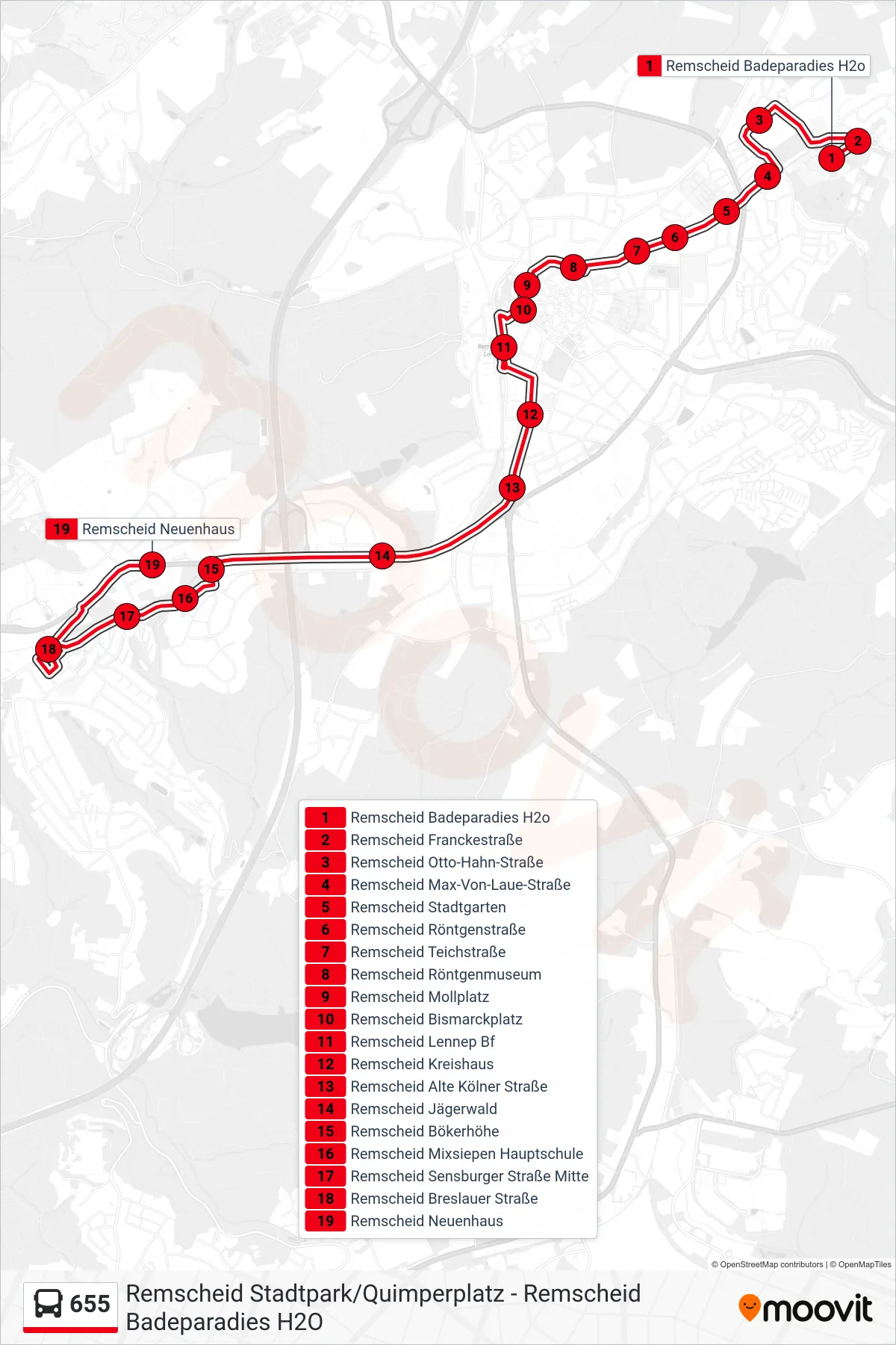 Linie 655 (Bus) Richtung Remscheid Neuenhaus: Route und Haltestellen auf der Karte