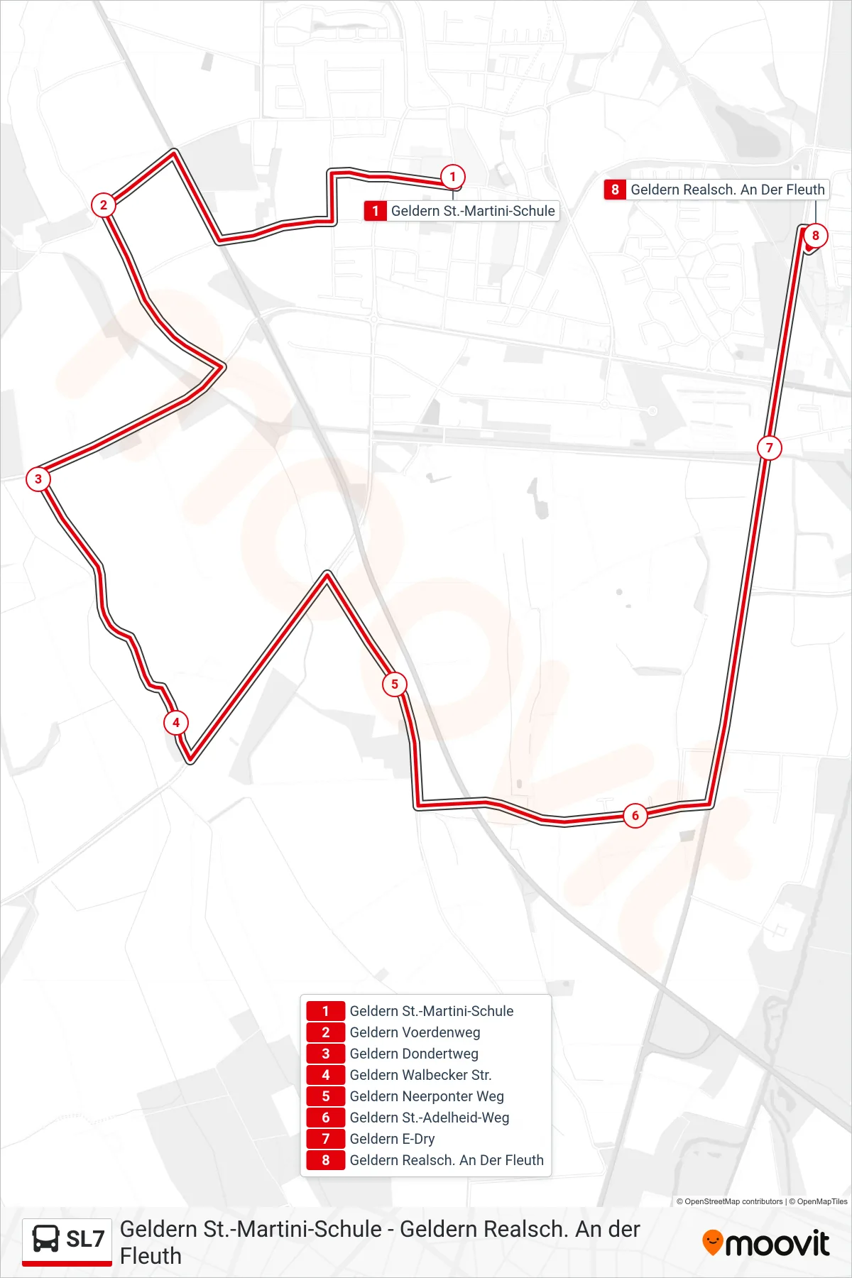 Linie SL7 (Bus) Richtung Geldern Realsch. An Der Fleuth: Route und Haltestellen auf der Karte