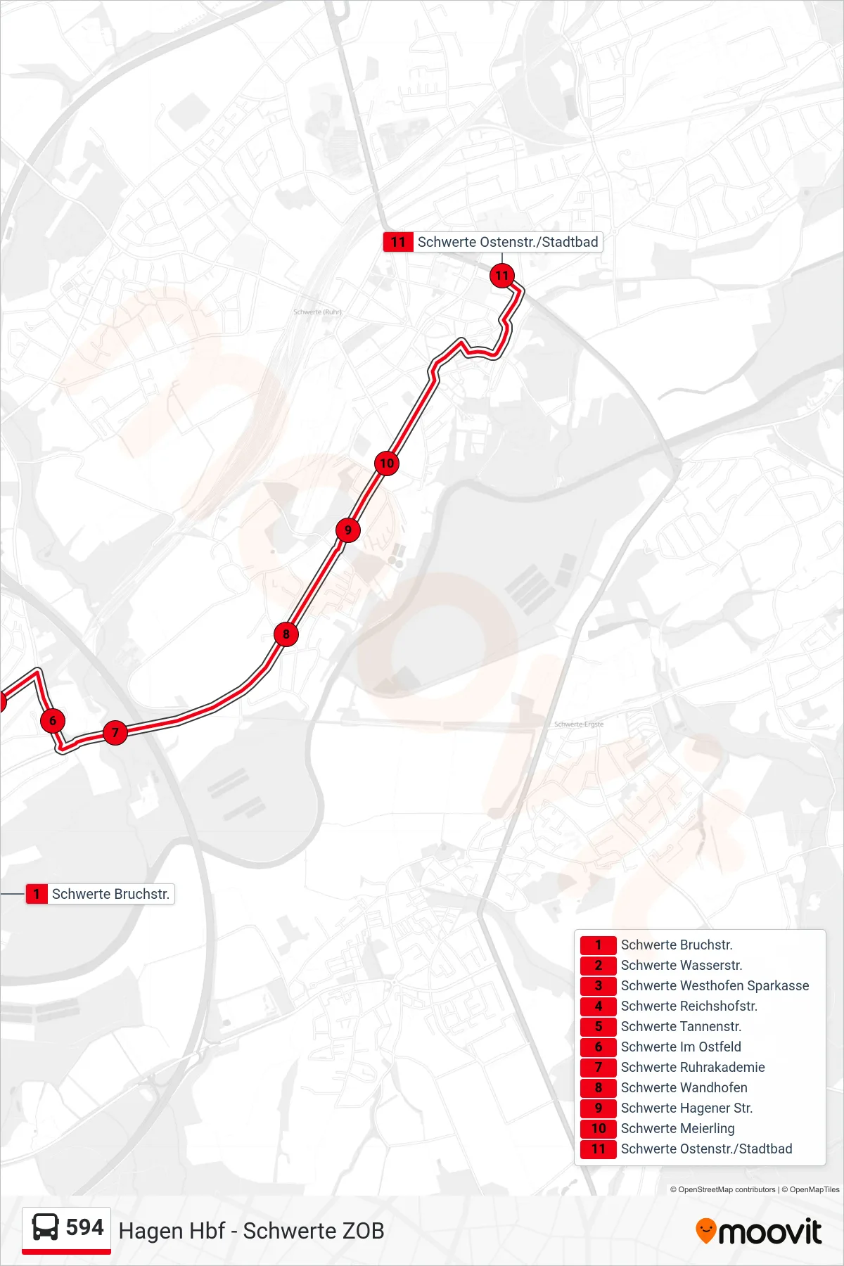 Linie 594 (Bus) Richtung Schwerte Ostenstr./Stadtbad: Route und Haltestellen auf der Karte